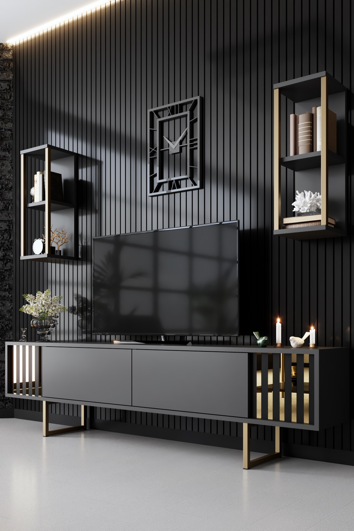 Gold Line TV cabinet Wood veneer Anthracite Black
