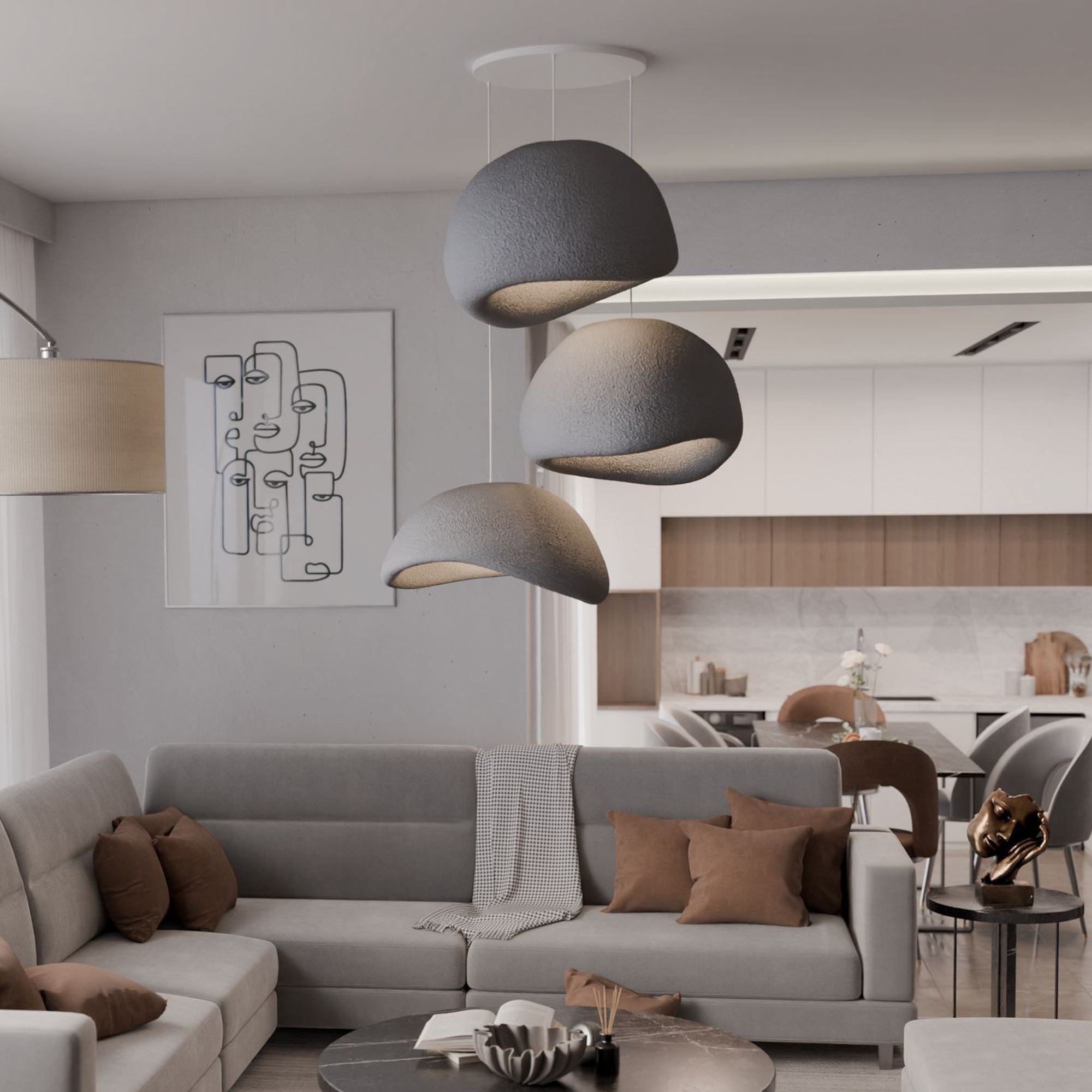 3-Flammig Wabi Sabi Kanso Beams Pendelleuchte Beton Grau