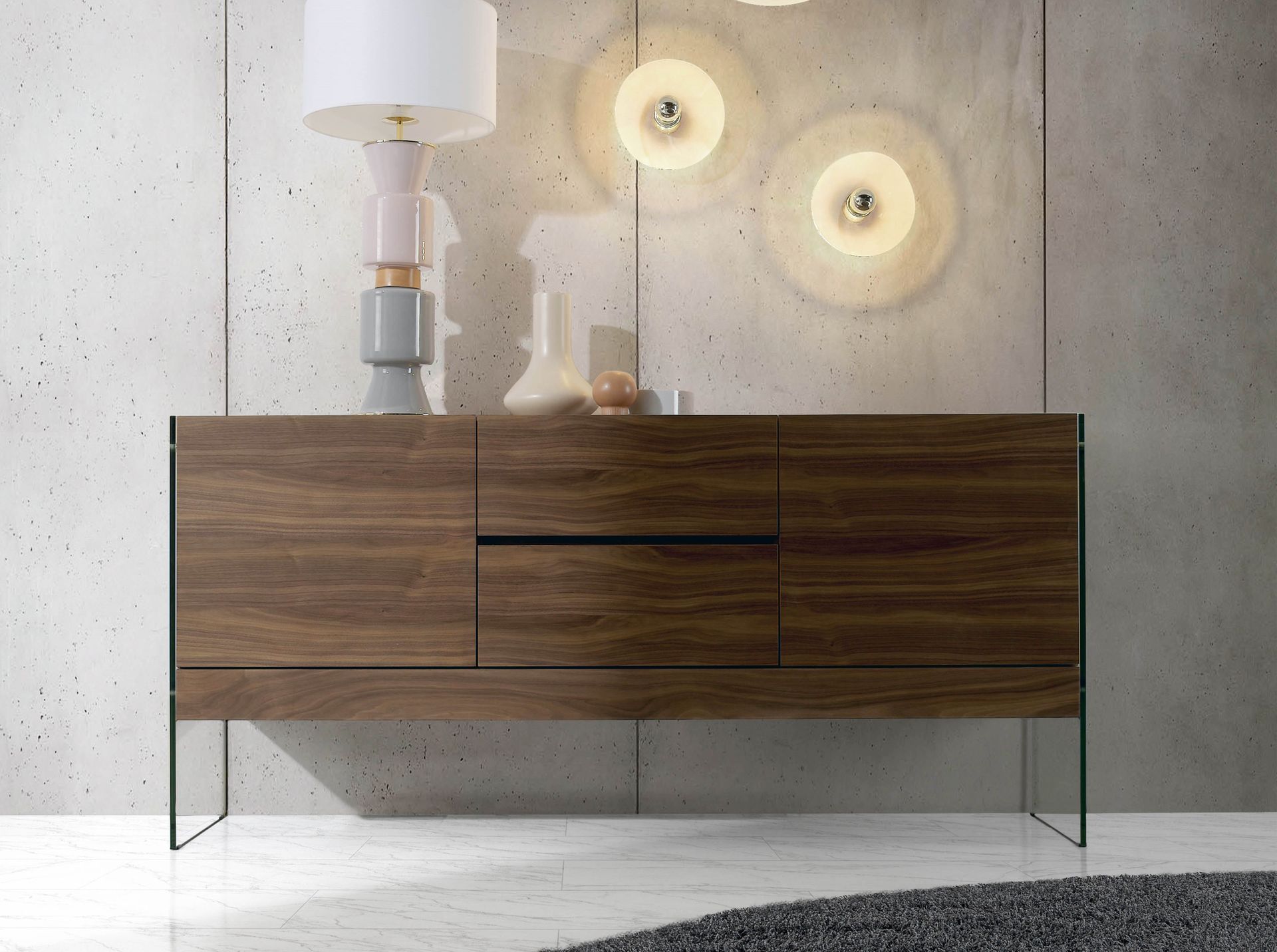 Sideboard Walnut veneer Glass Brown