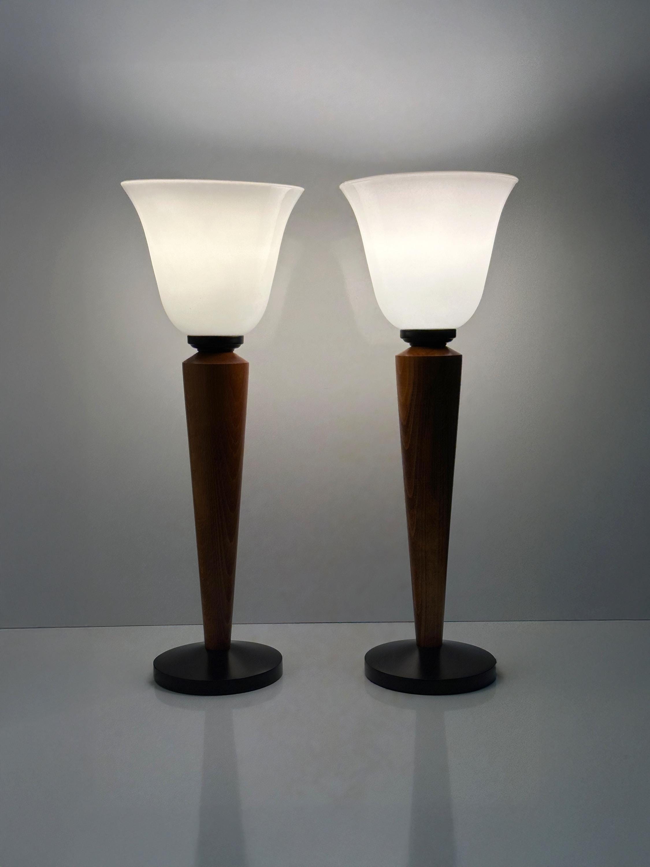 2x Vintage Art Deco Tischlampe Milchglas Holz 1980er Jahre