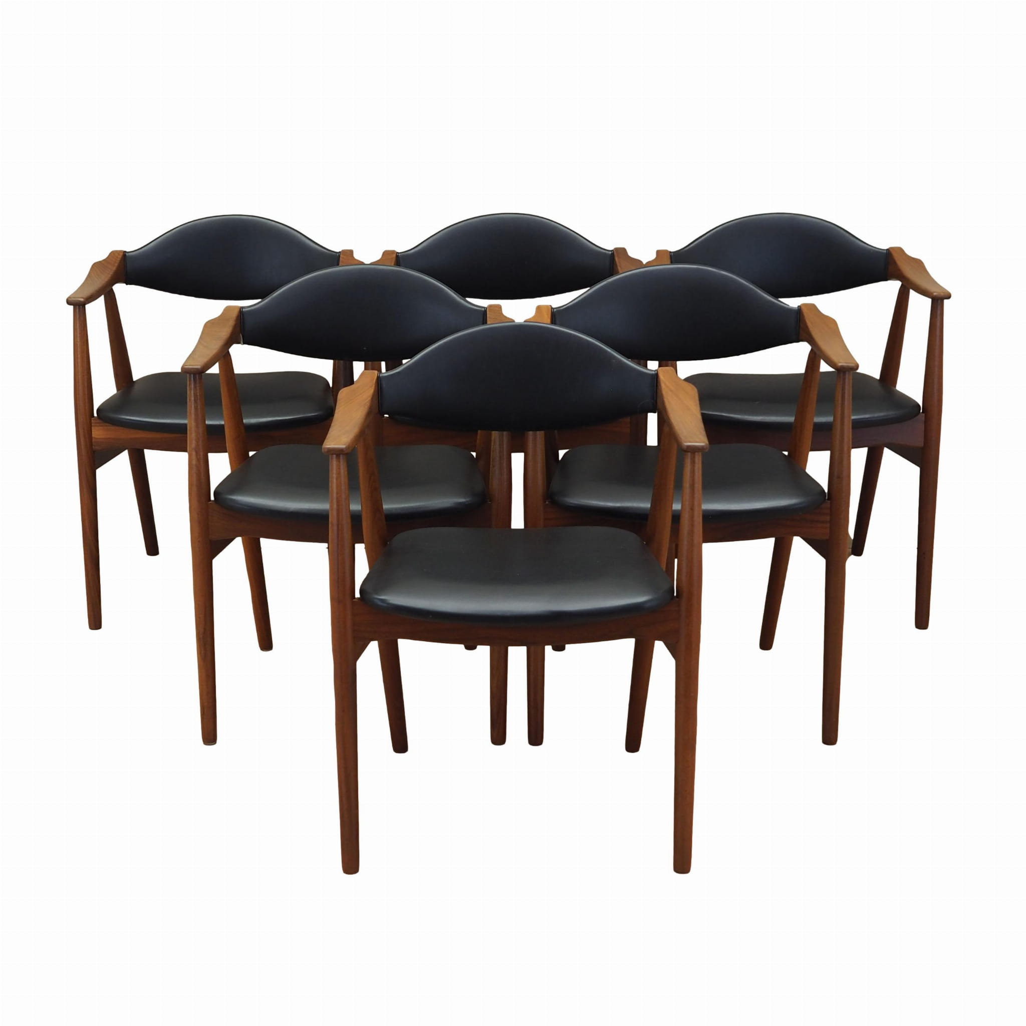6x Chair Teak Wood Leather Black 1970s