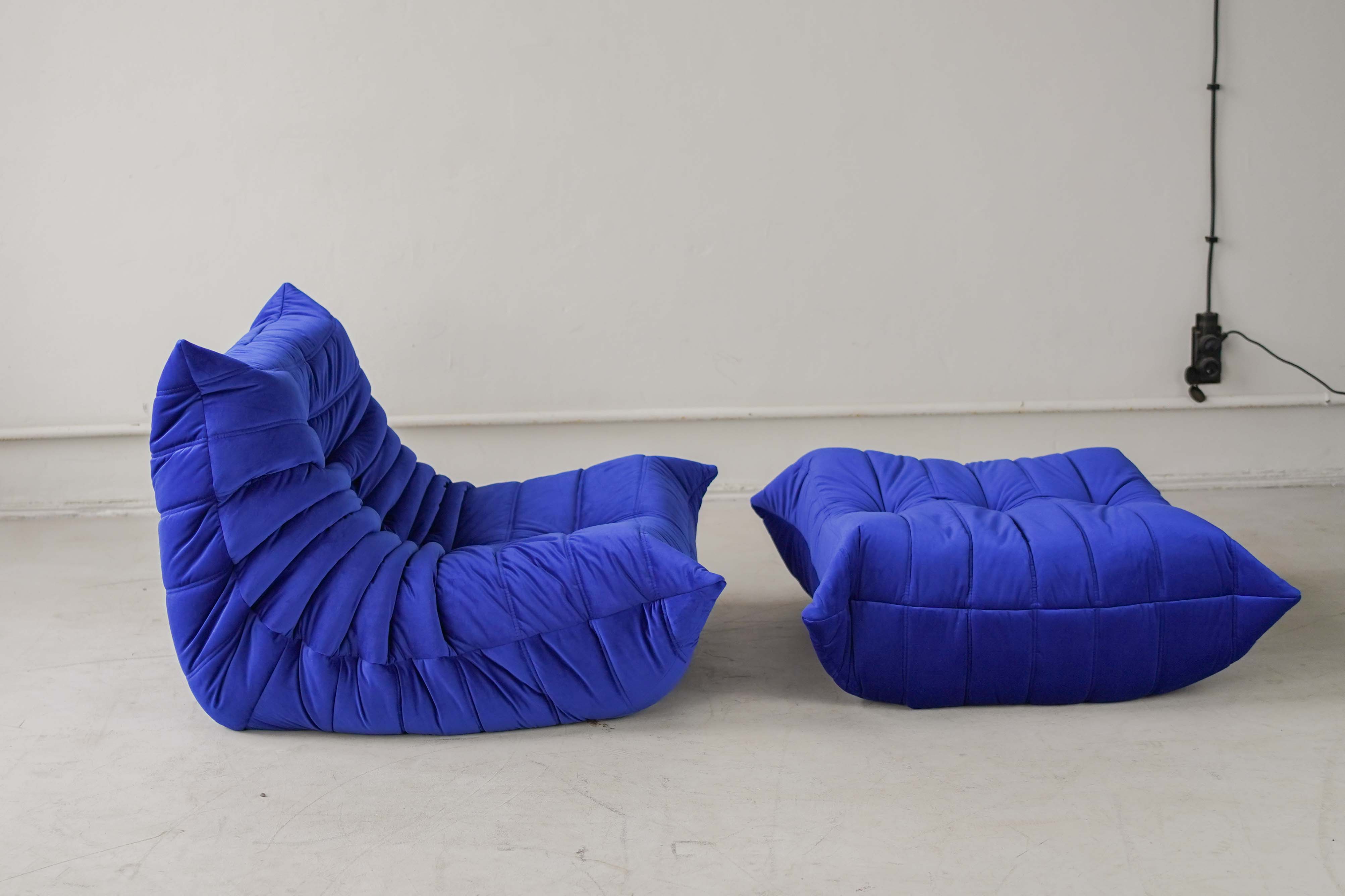 Togo Armchair and Ottoman Set Velvet Cobalt Blue