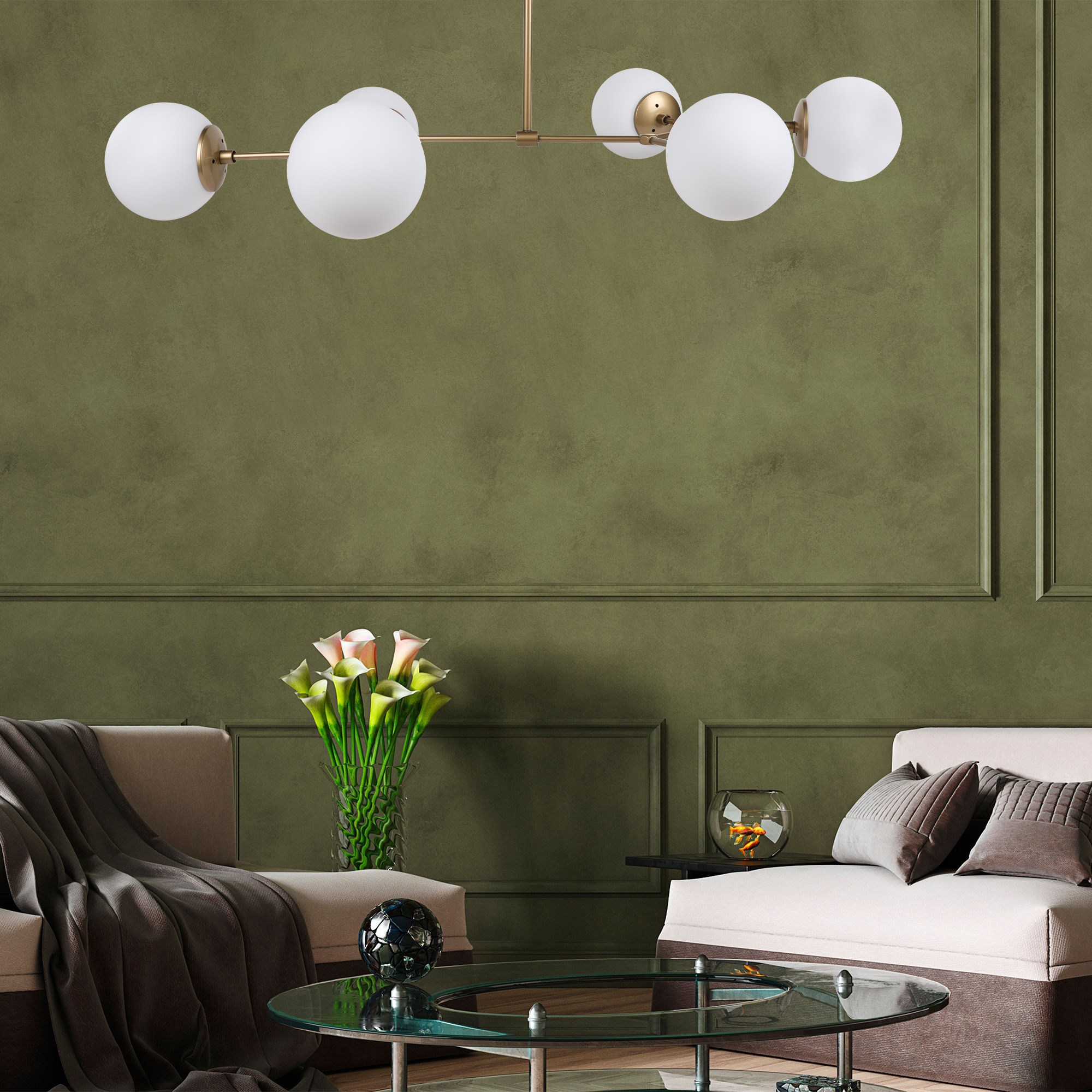 Pendant lamp 6 glass spheres metal white gold