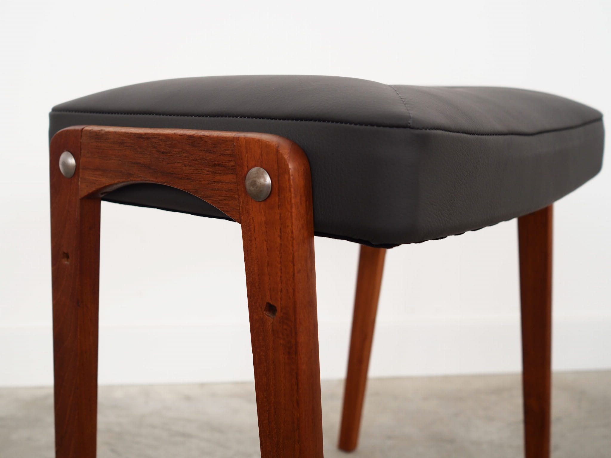 Vintage stool Teak wood Leather Black 1970s