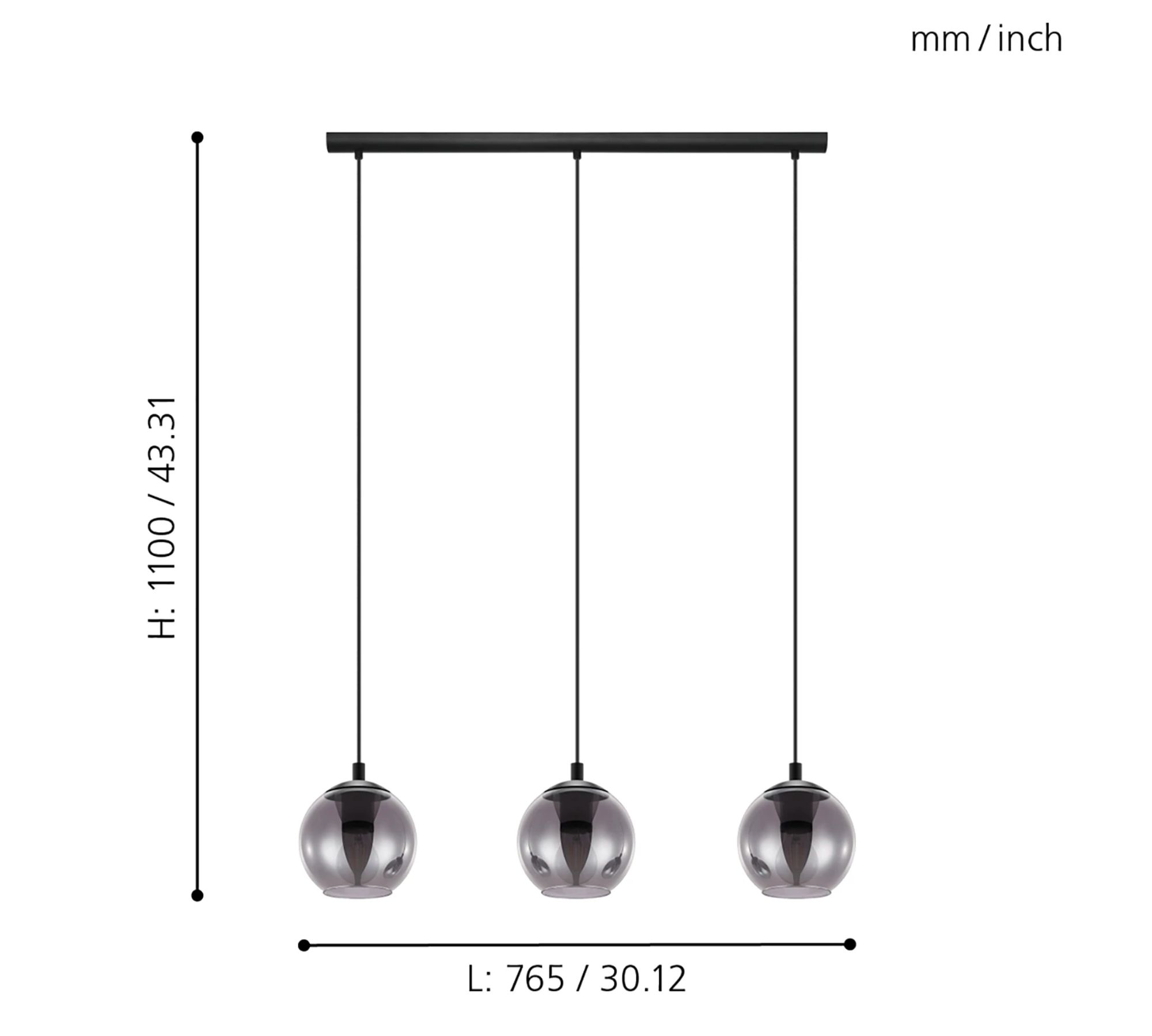 Pendant lamp 3-light clear glass steel