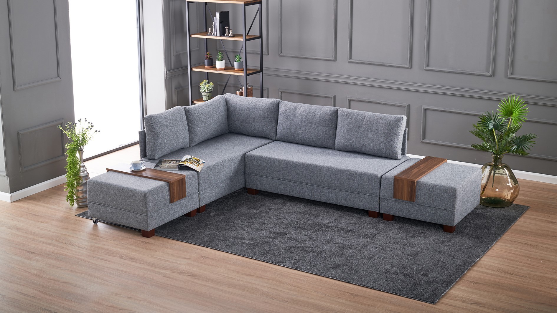 Schlafsofa Récamiere Links Polyester Holz Grau