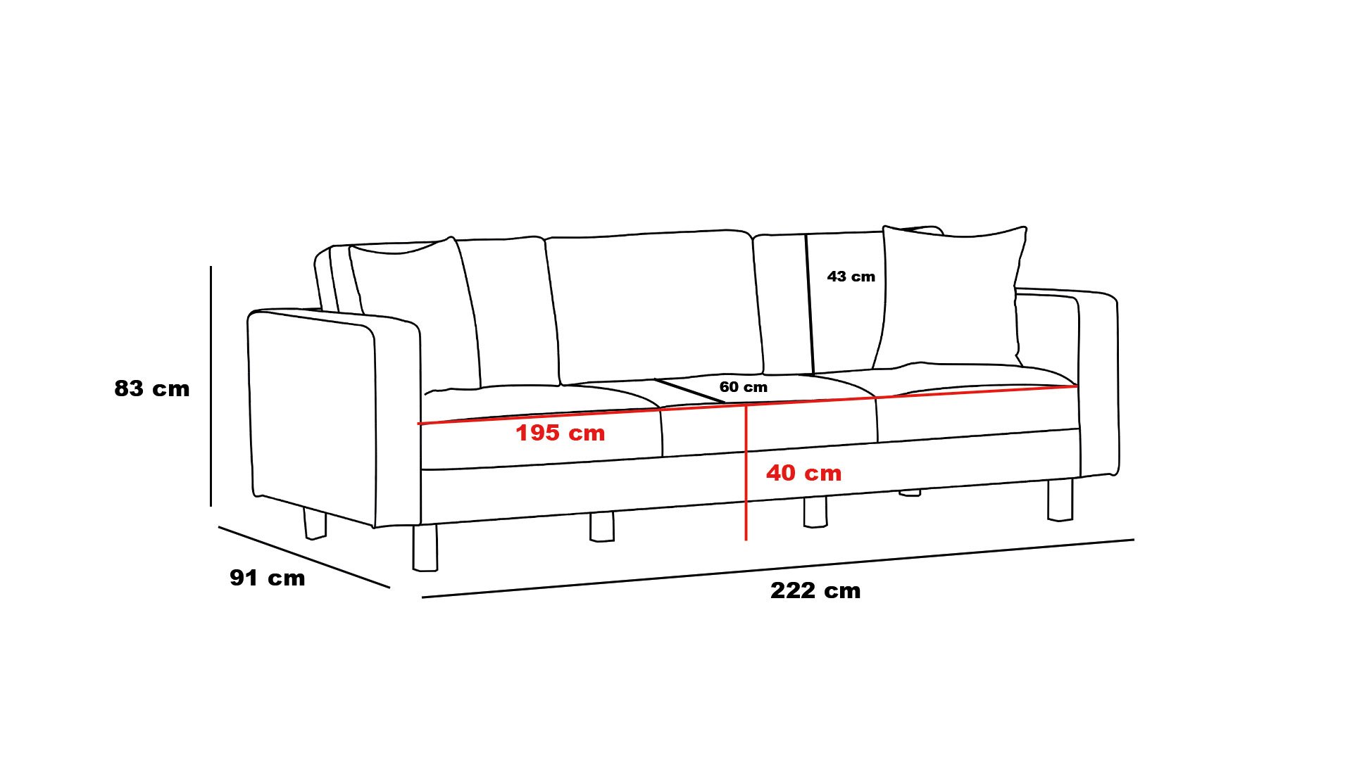 Lima Sofa 3-Sitzer Creme mit schwarzen Beinen