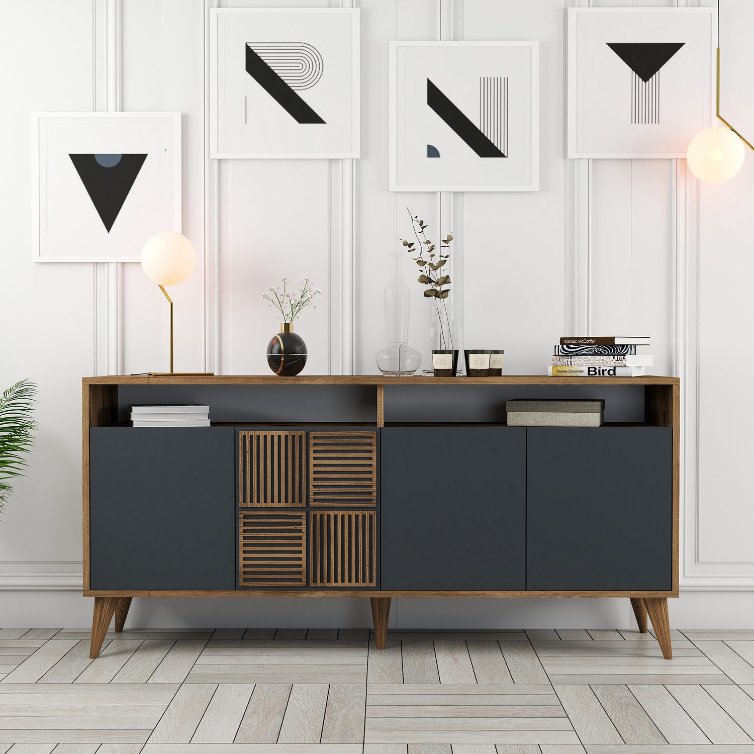 Milan Sideboard Walnussbraun Anthrazit 160cm