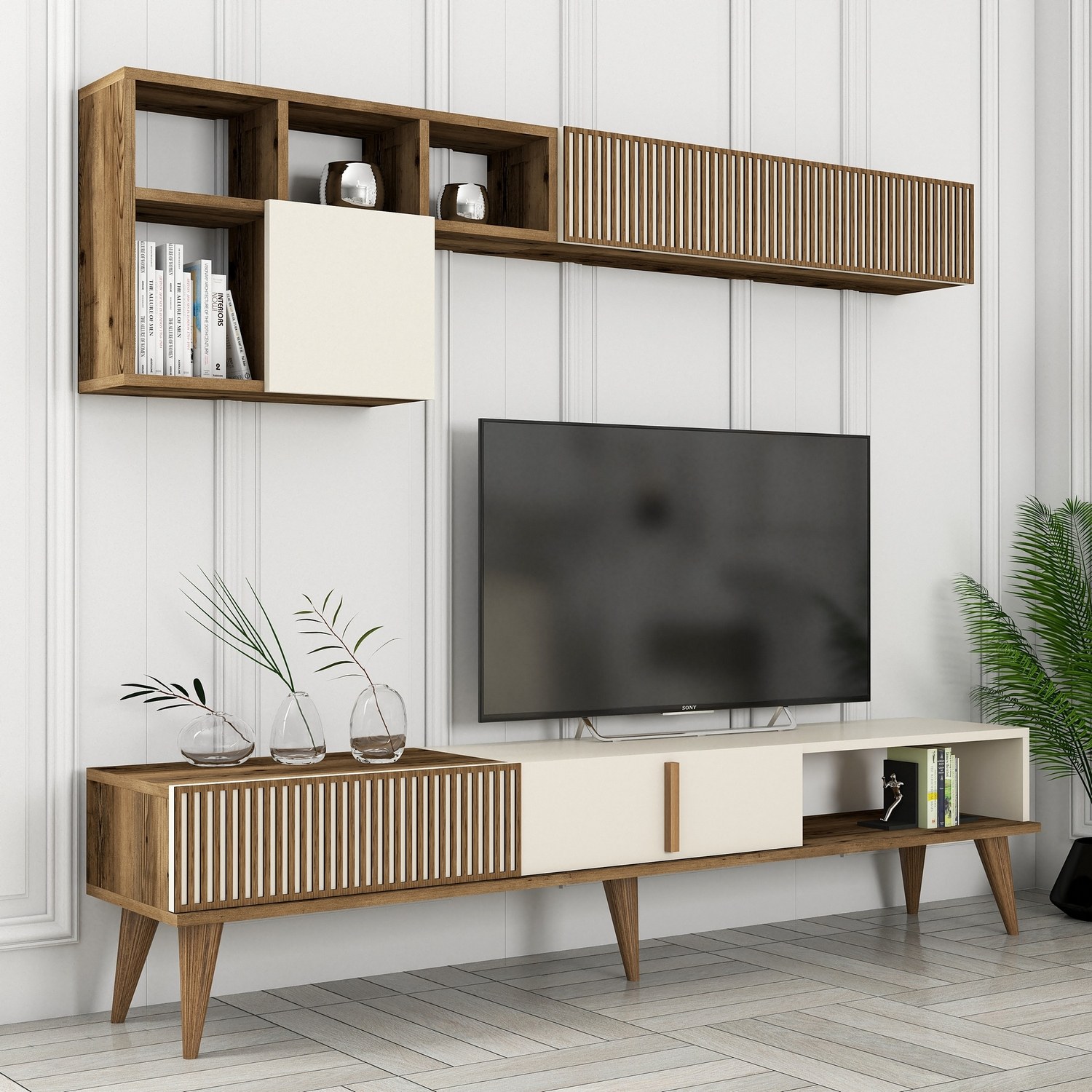 Milan lowboard with wall shelf walnut brown cream