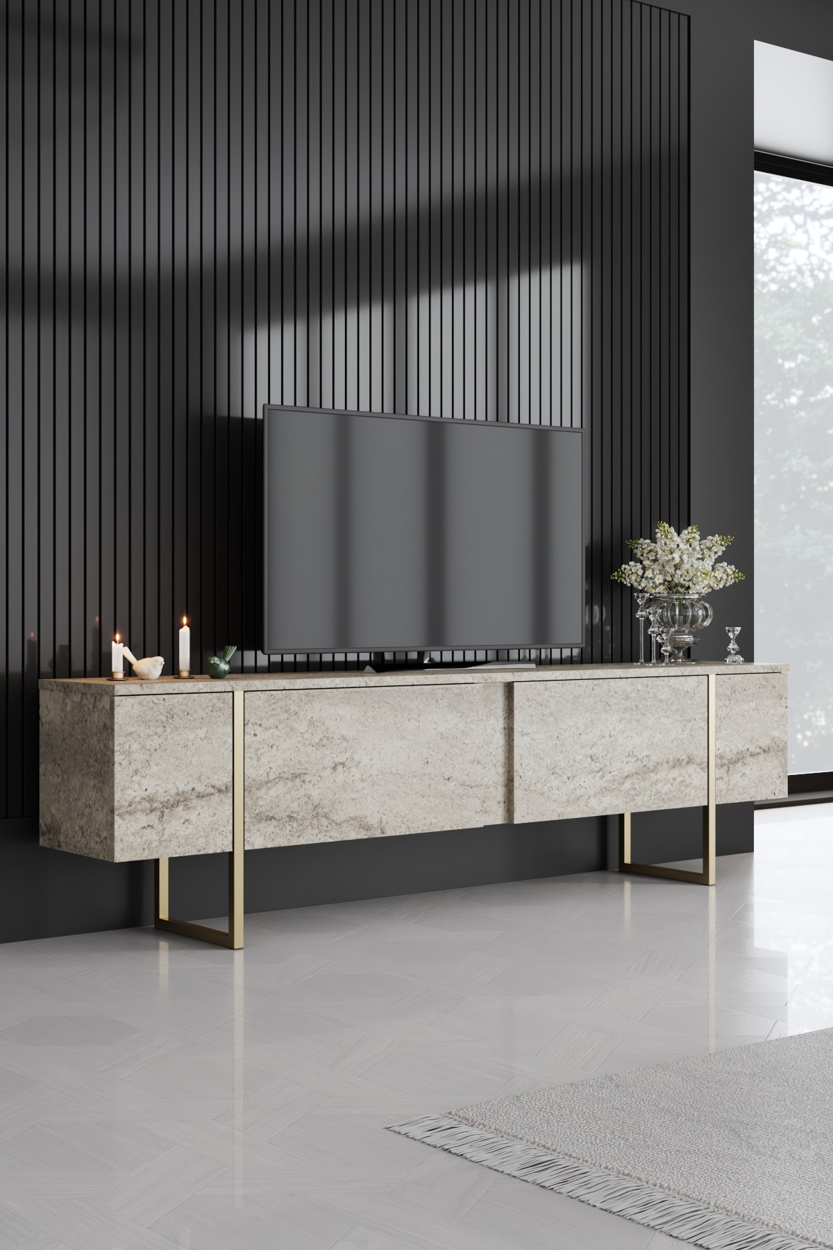 Luxe Lowboard Holz Travertine Gold