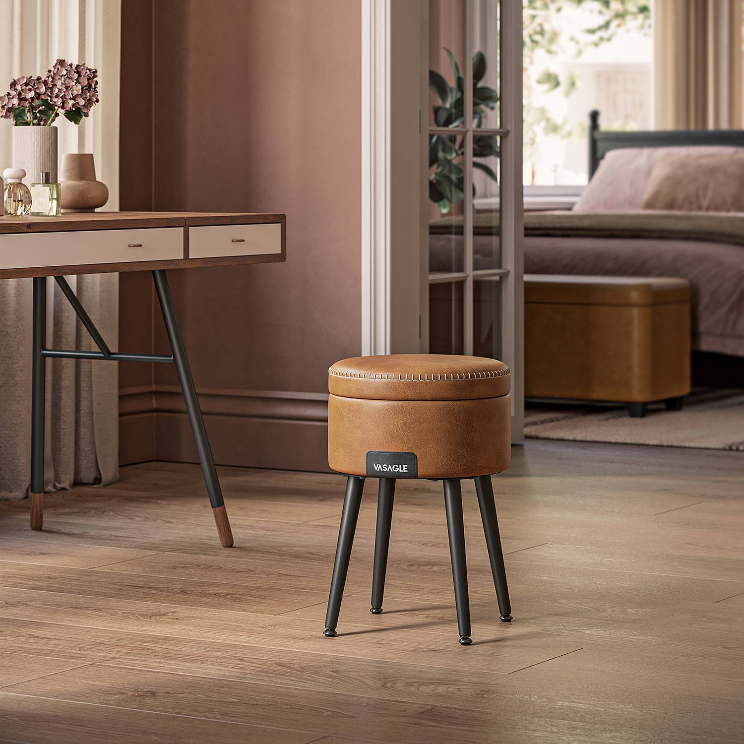 Mangelo Polsterhocker Mit Stauraum Cognac Schwarz