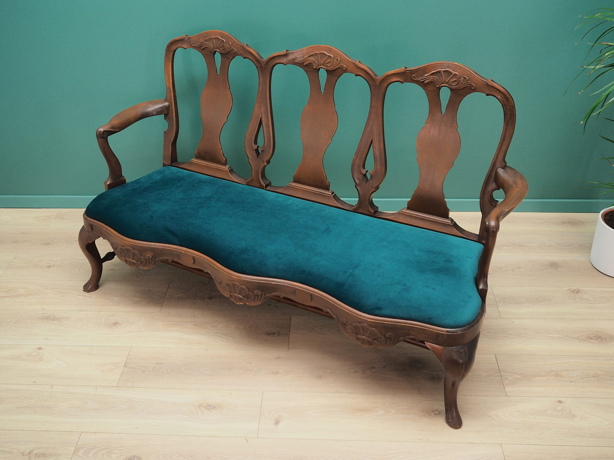 2x Vintage Chair & Bench Wood Velvet Blue 1970s
