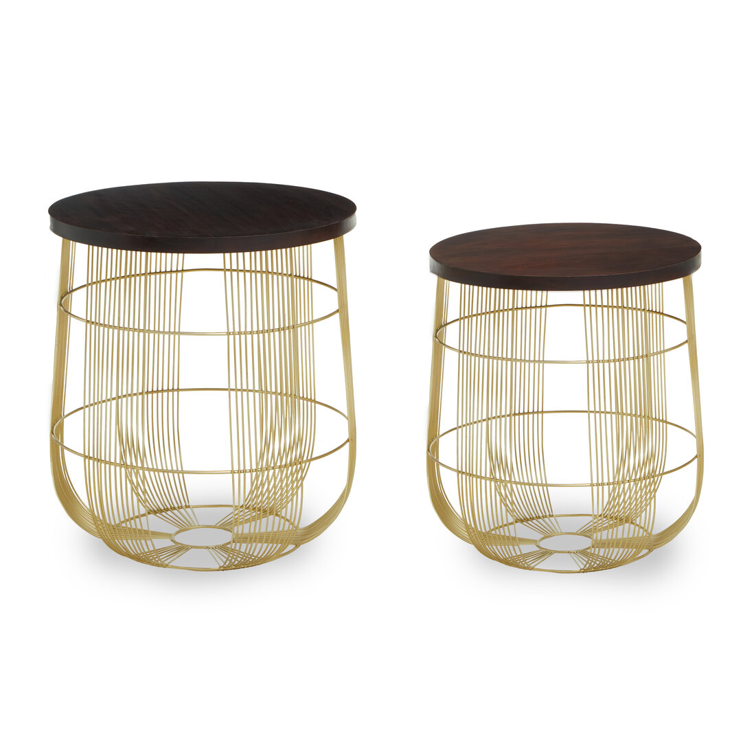 2x Agra Round Side Table Mango Wood Brass