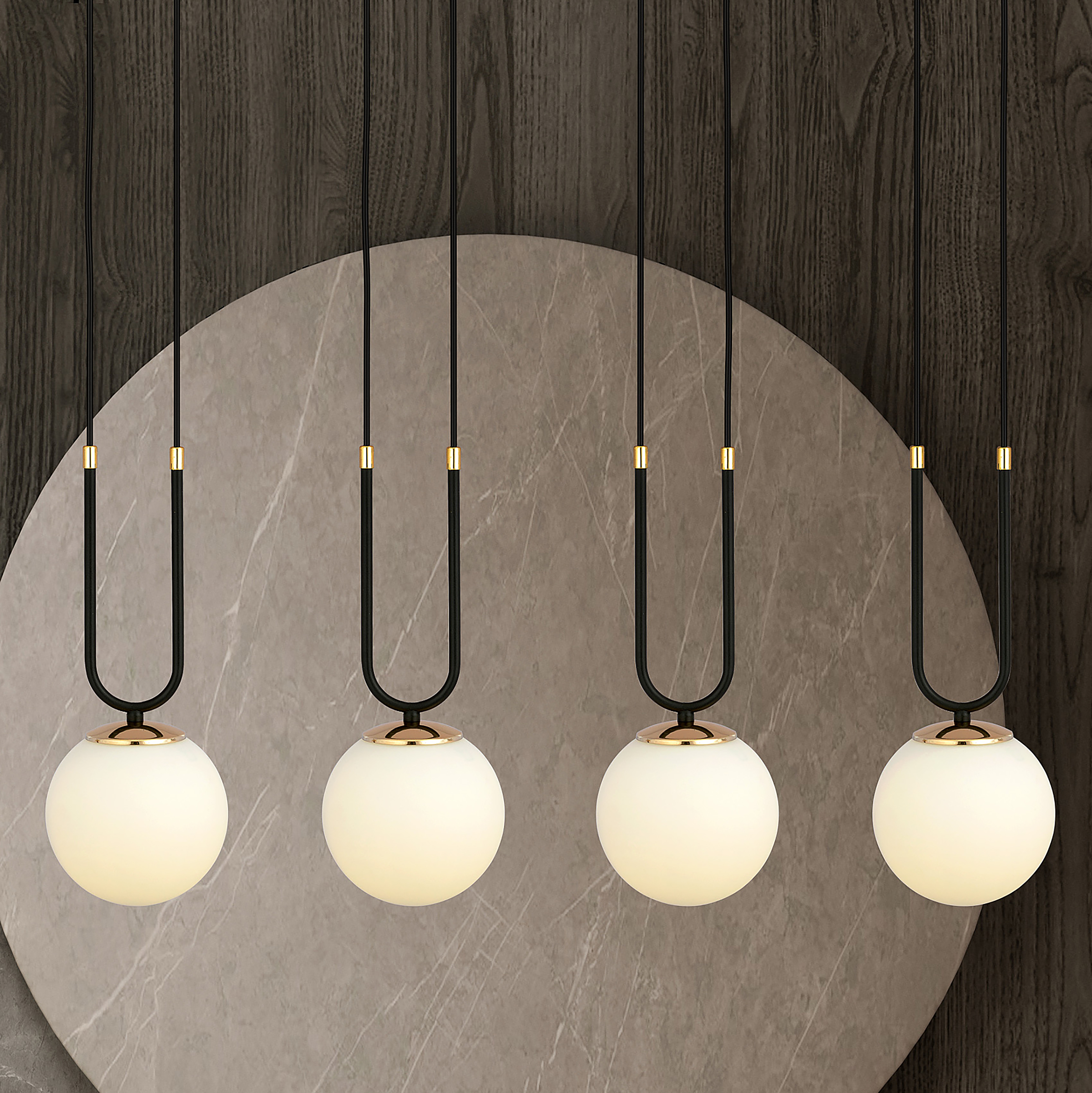 4-Flammig Glam Pendelleuchte Stahl Opalglas Schwarz Weiß