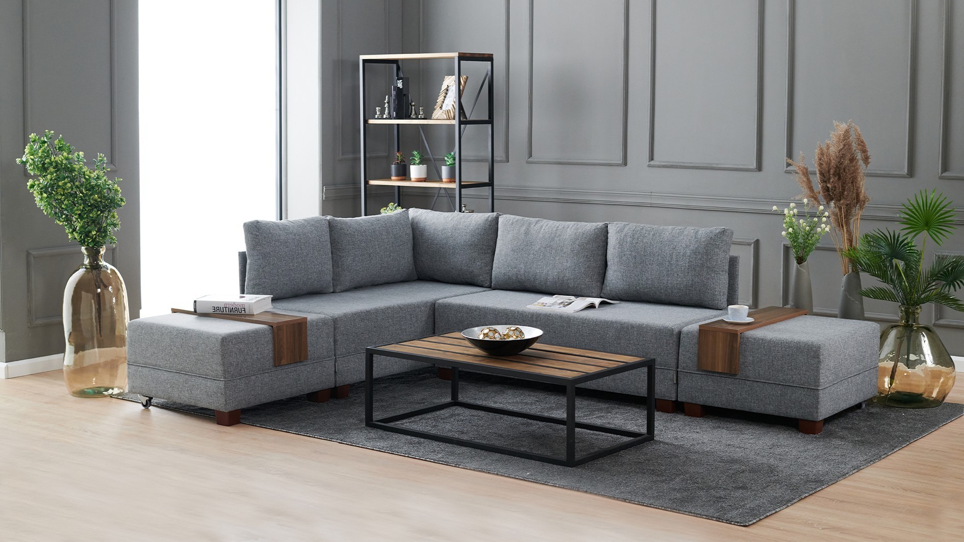 Schlafsofa Récamiere Links Polyester Holz Grau