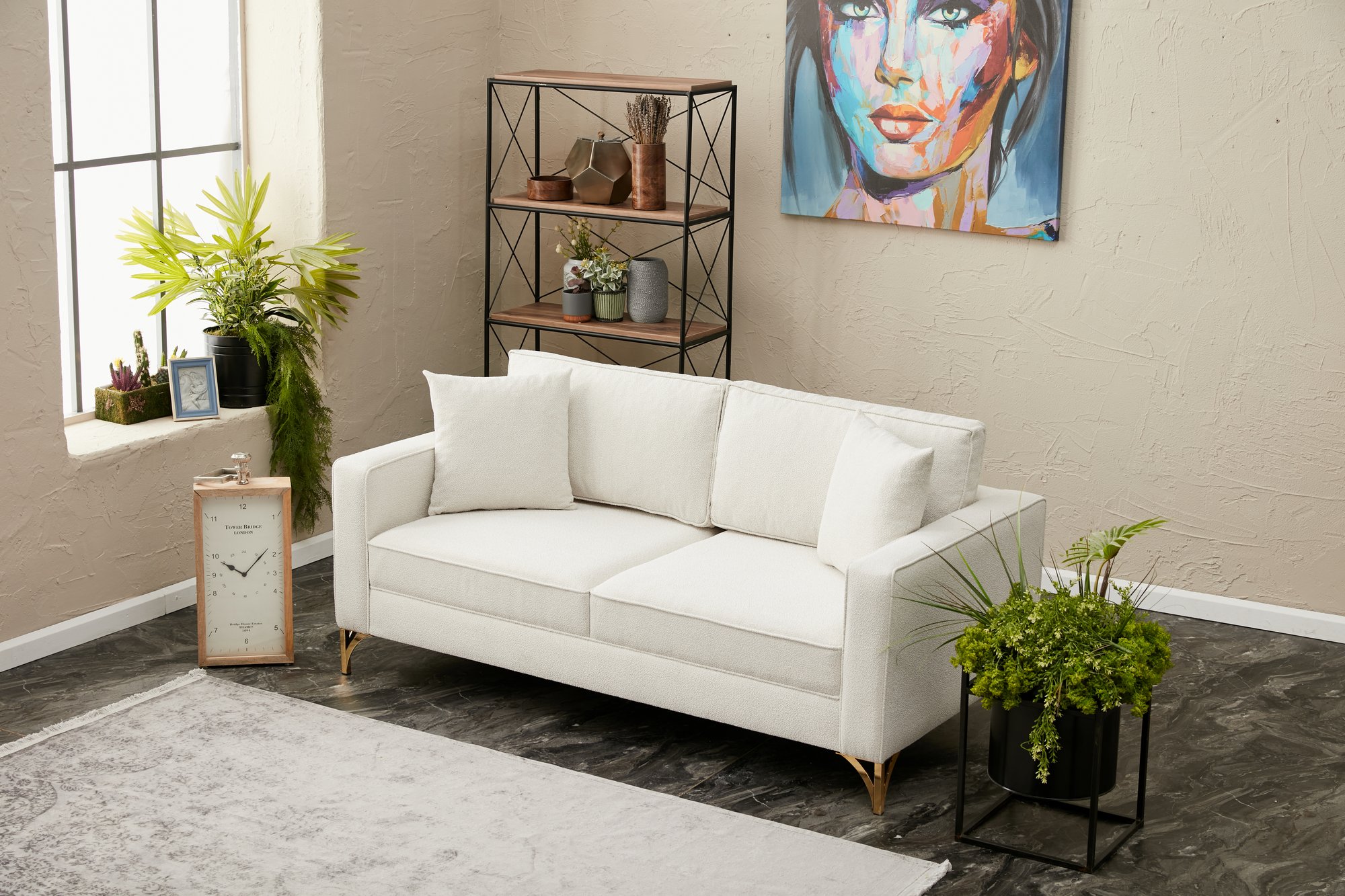 Lima Sofa 2-Sitzer Creme mit goldenen Beinen