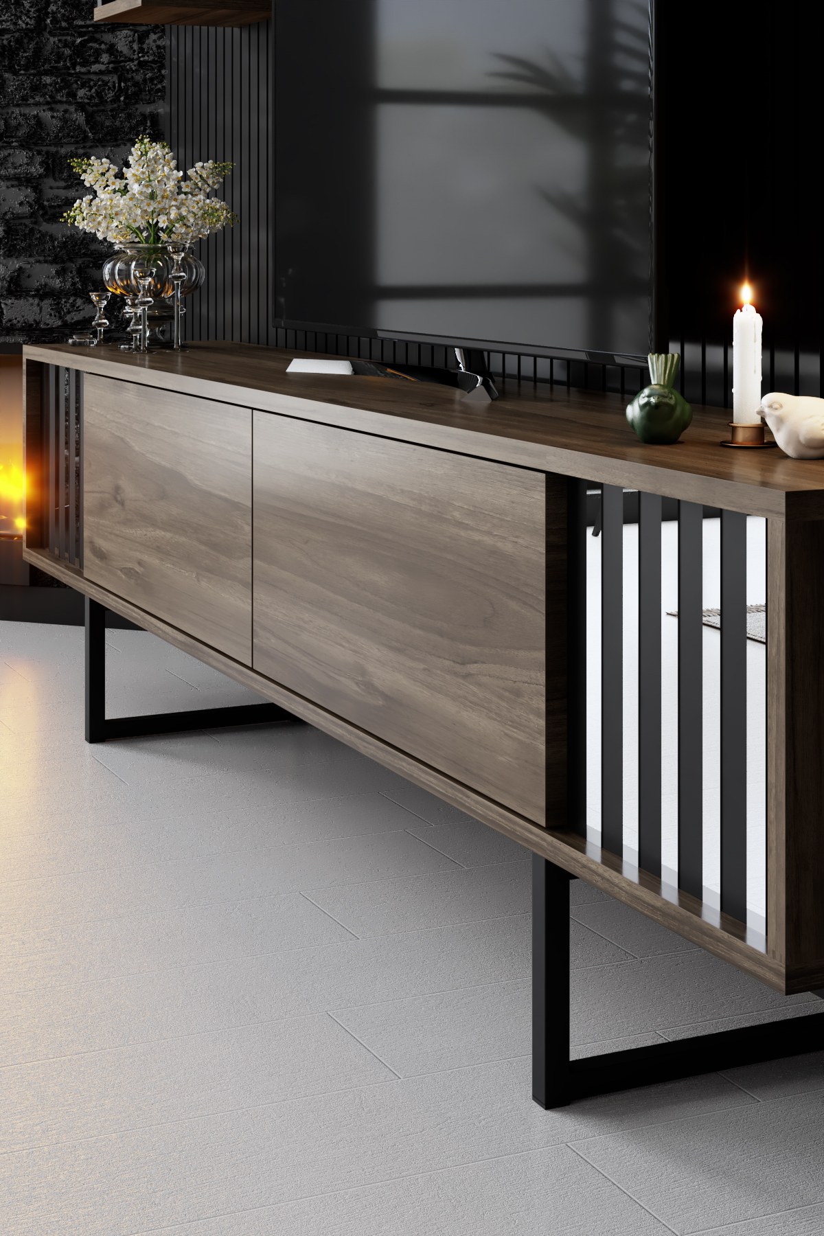 Chrome Line TV-Schrank Holz Walnuss Schwarz