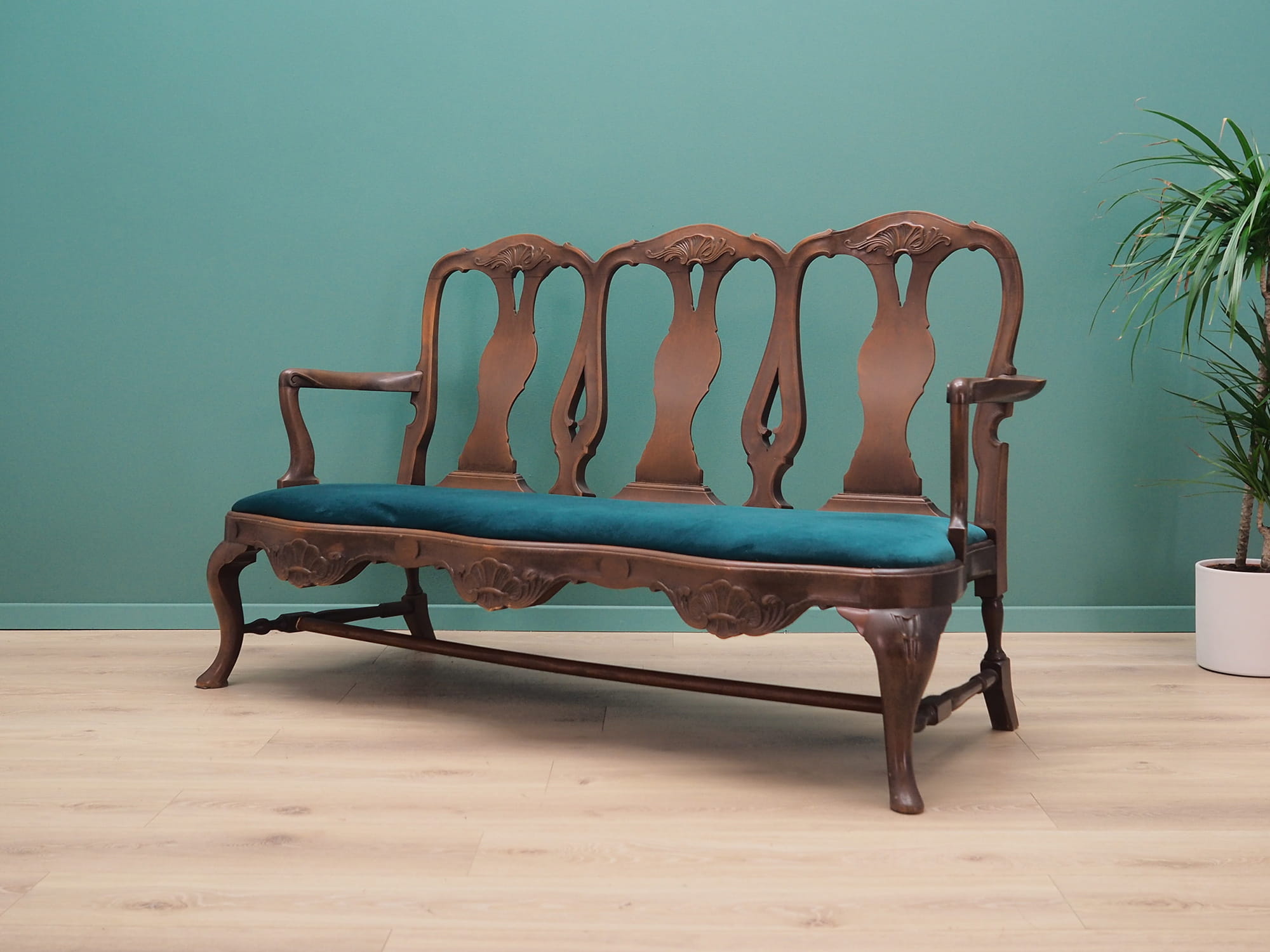 2x Vintage Chair & Bench Wood Velvet Blue 1970s