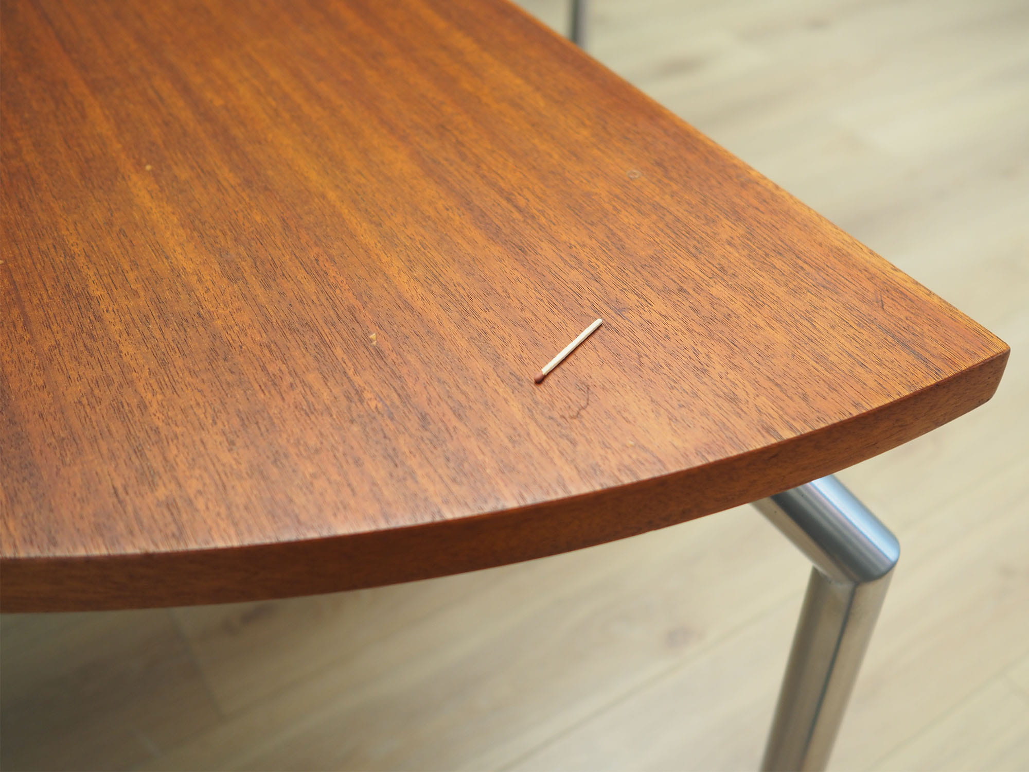 Vintage table, half-round, teak wood, metal, brown, 1970s