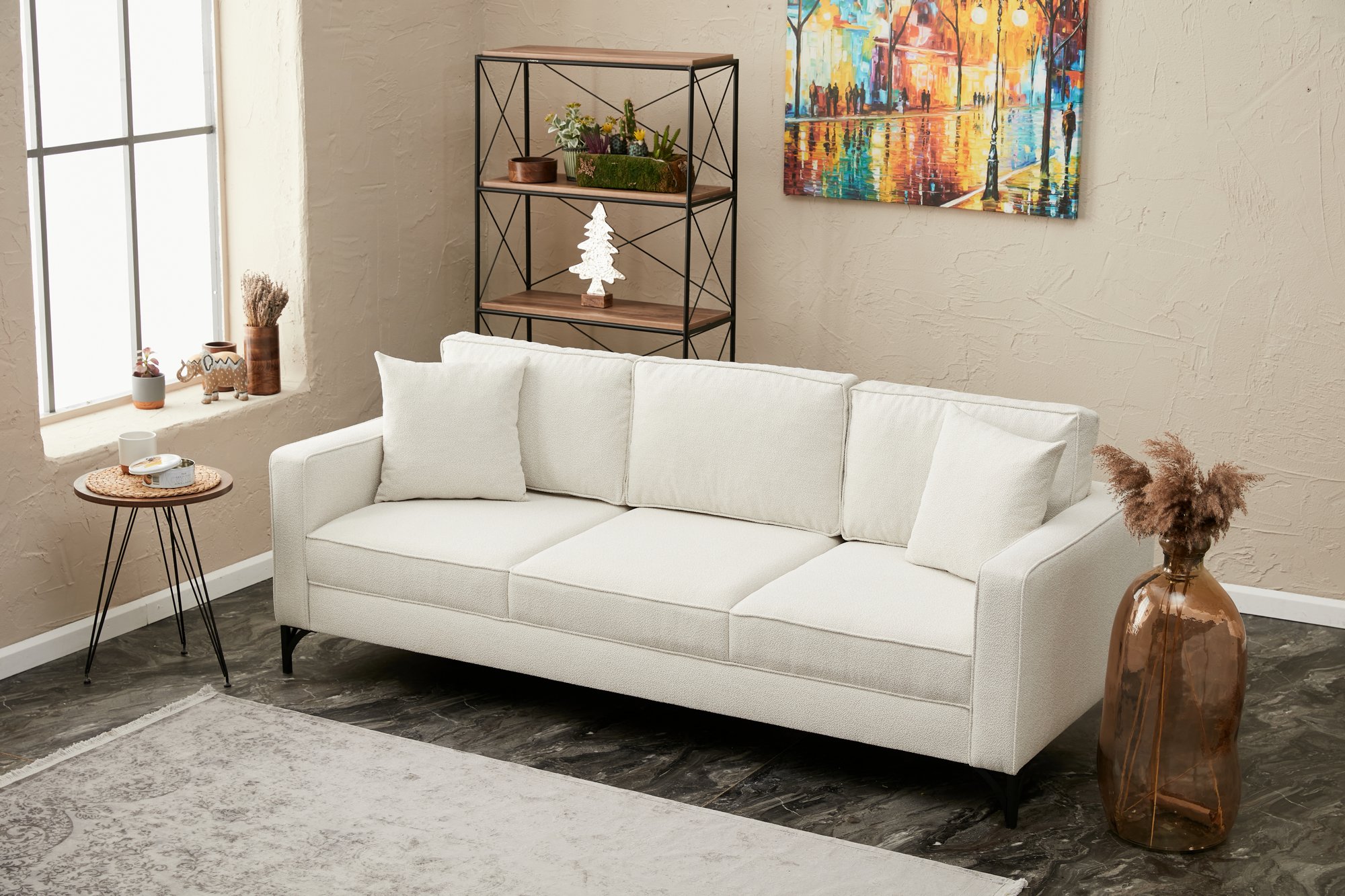 Lima Sofa 3-Sitzer Creme mit schwarzen Beinen