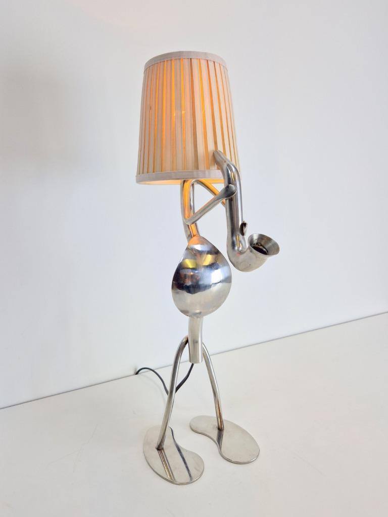 Vintage Tischlampe Edelstahl mit Stoffschirm Metall