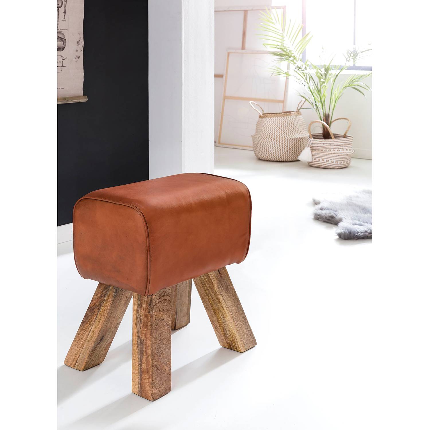 Vilas II Garderobenbank Echtleder Mangoholz