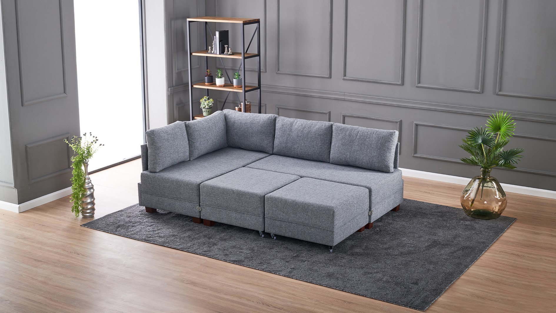 Schlafsofa Récamiere Links Polyester Holz Grau