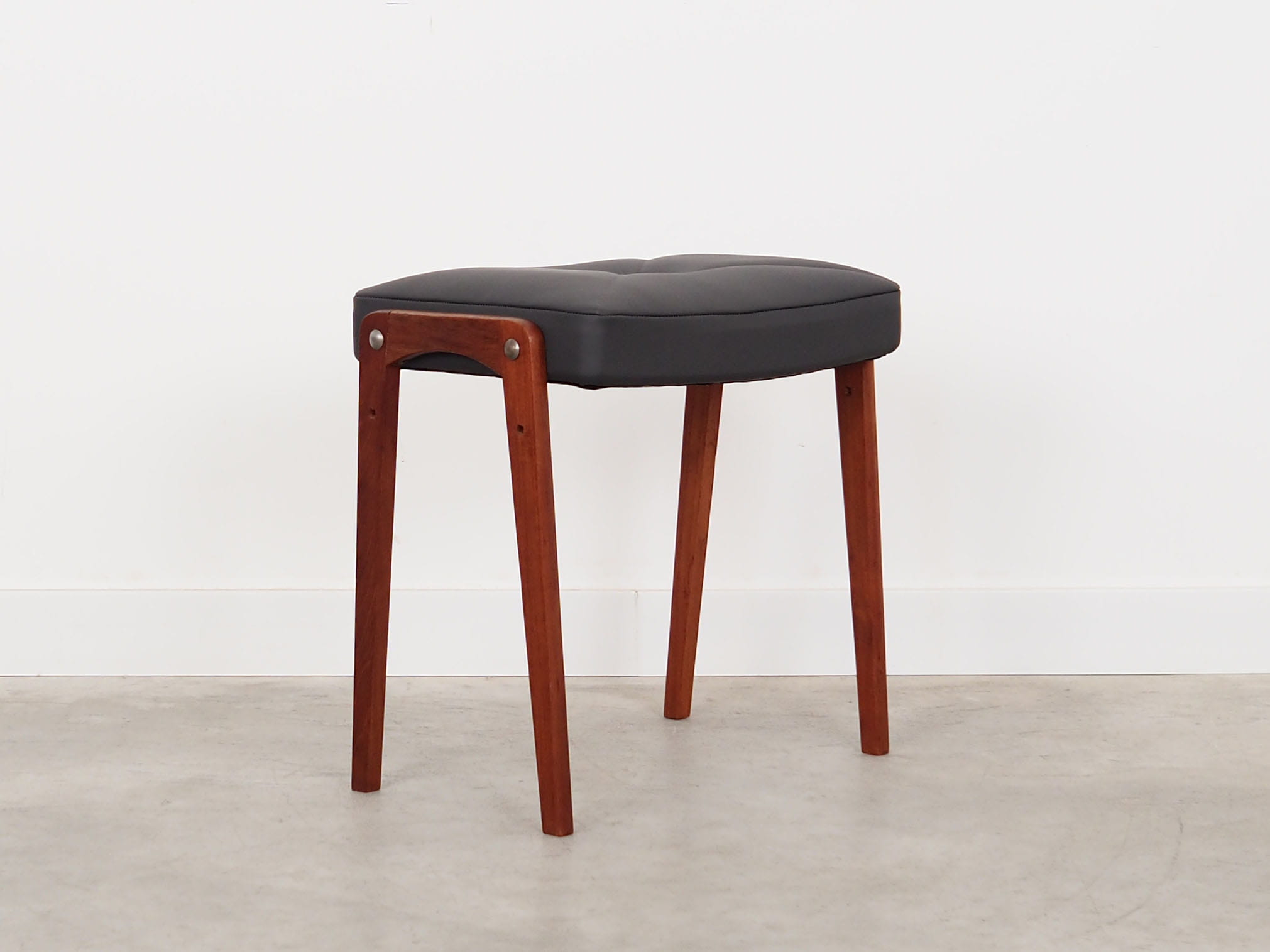 Vintage stool Teak wood Leather Black 1970s