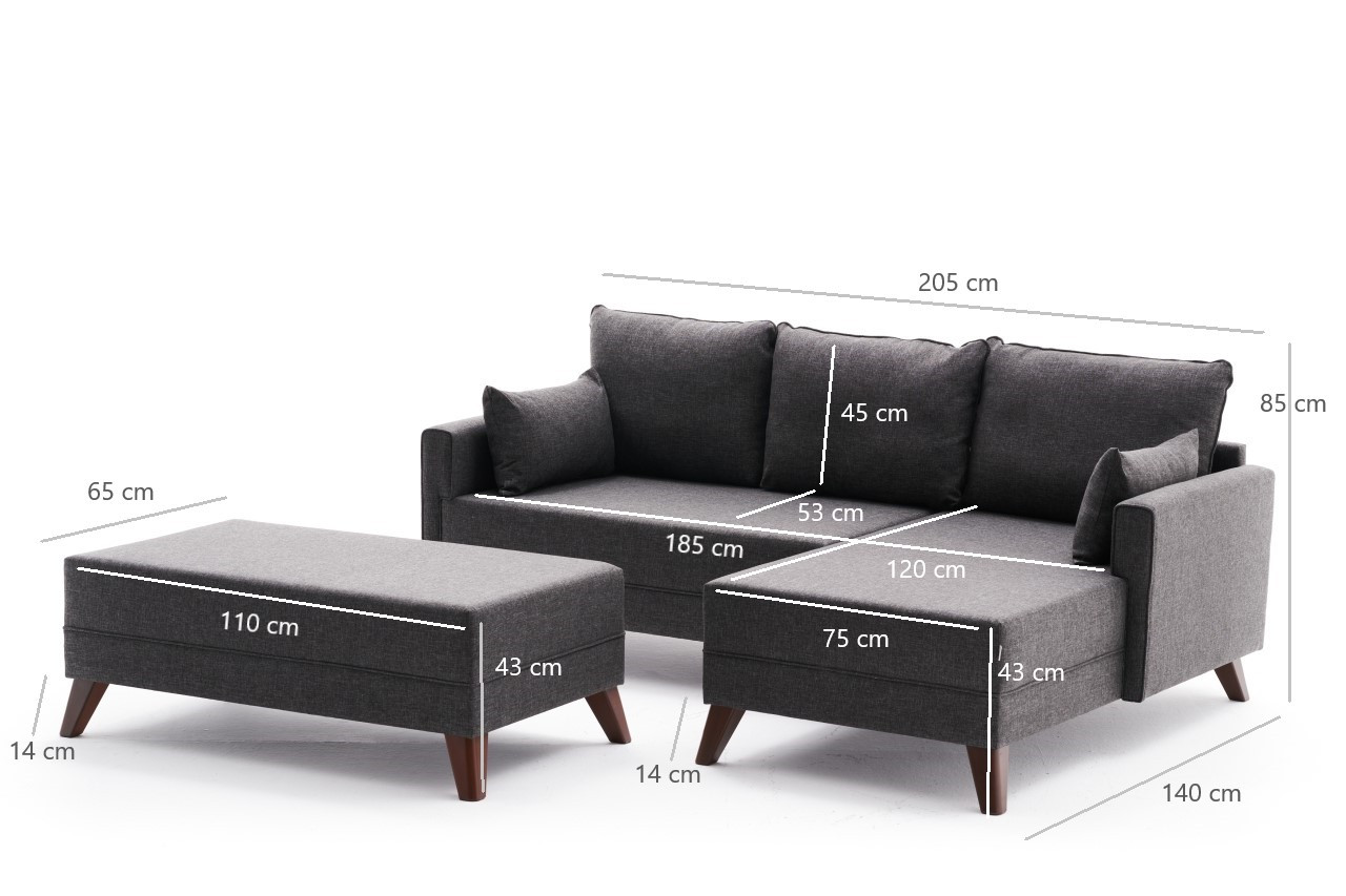 Bella Sofa Récamiere Rechts mit Hocker Anthrazit