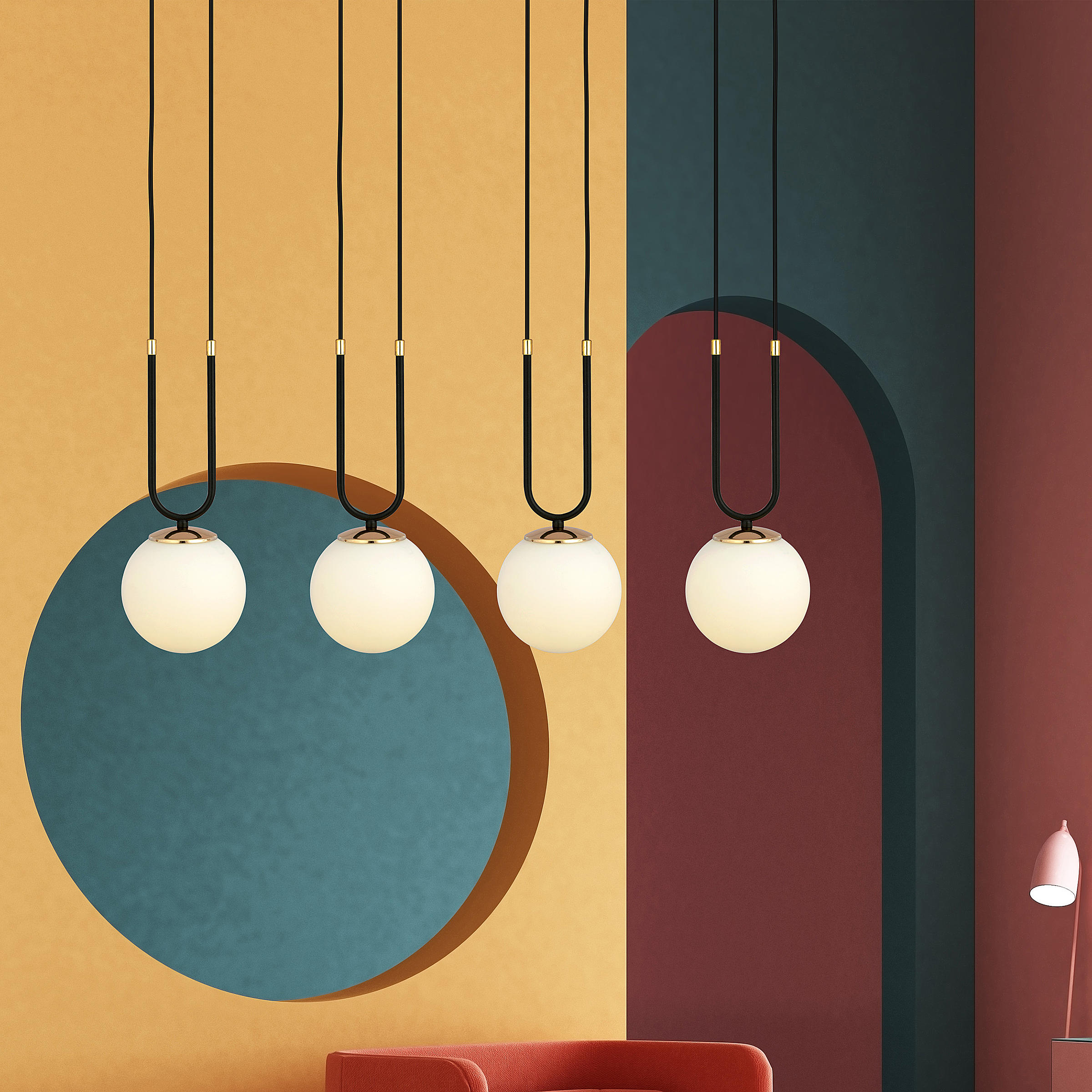 4-Flammig Glam Pendelleuchte Stahl Opalglas Schwarz Weiß