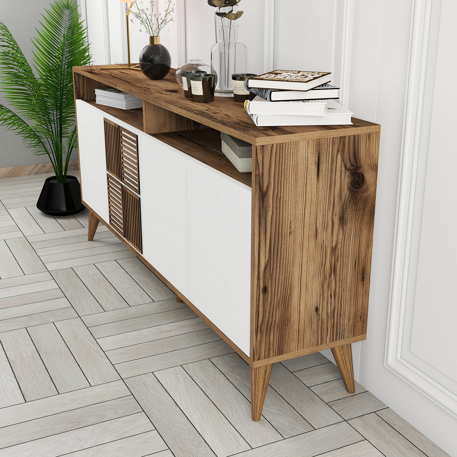 Milan Sideboard Walnussbraun Weiß 160cm