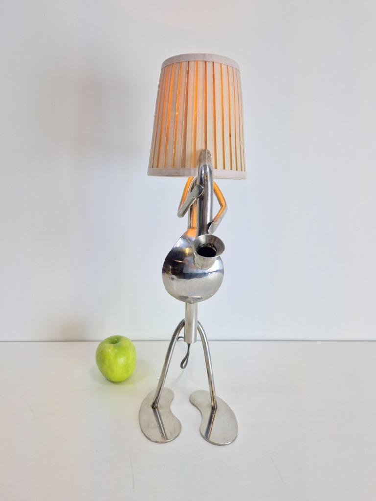Vintage Tischlampe Edelstahl mit Stoffschirm Metall
