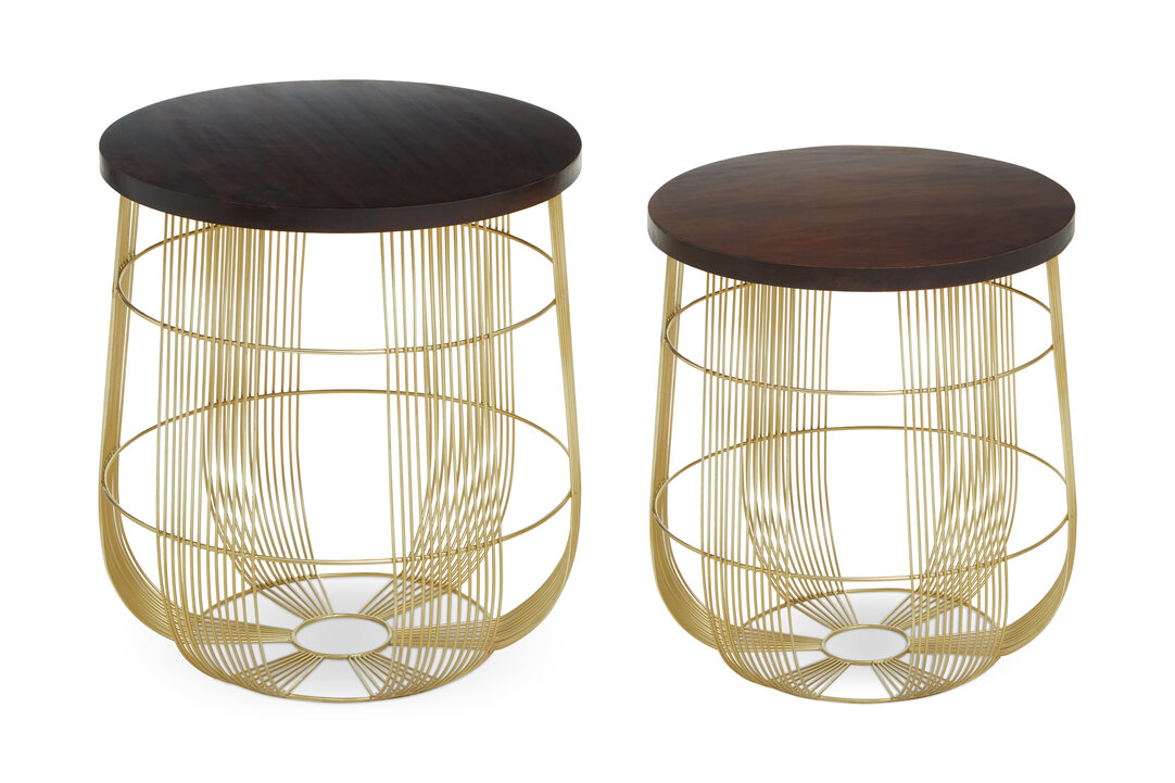 2x Agra Round Side Table Mango Wood Brass