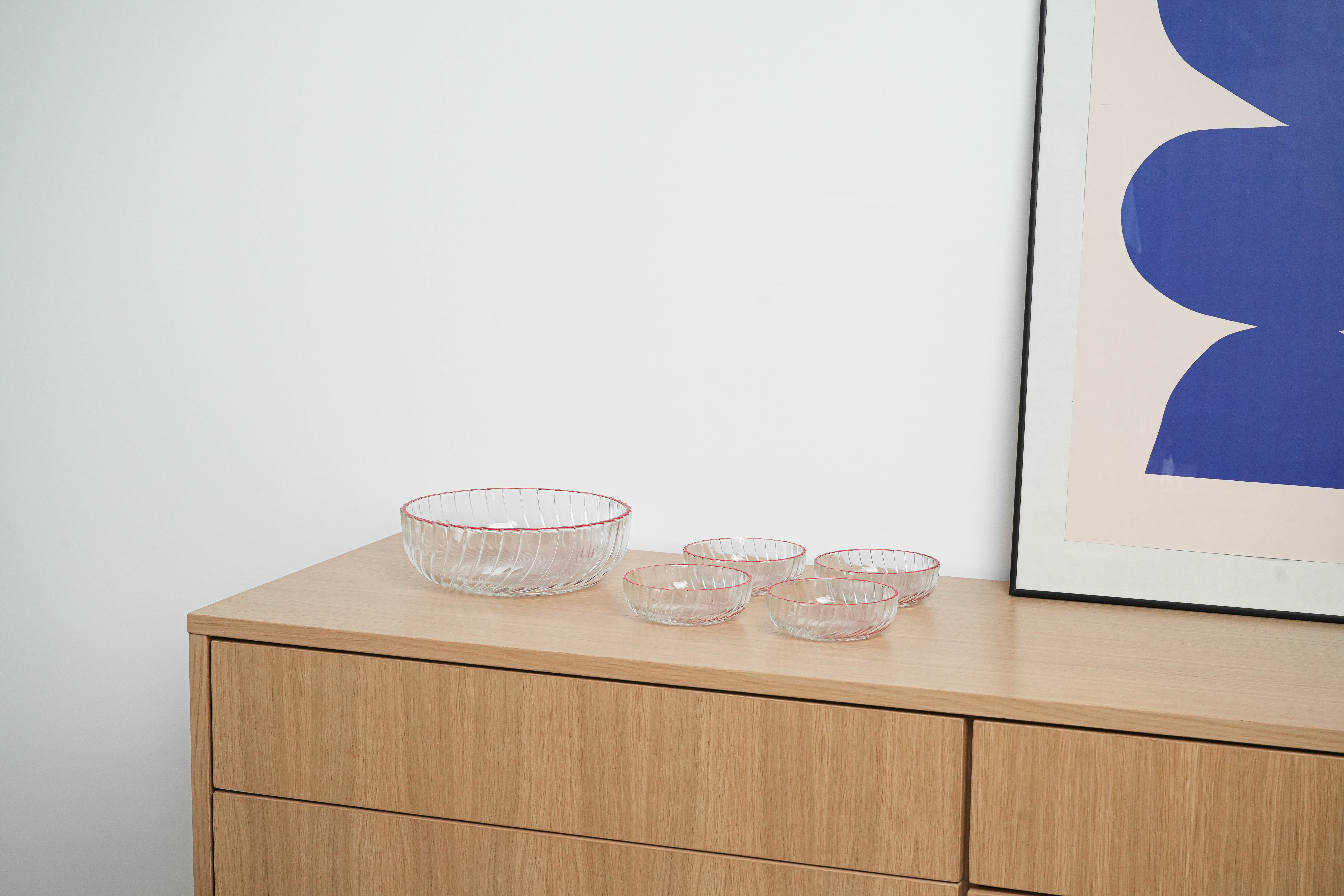 Glass bowls set 5-piece Transparent Red 1970s