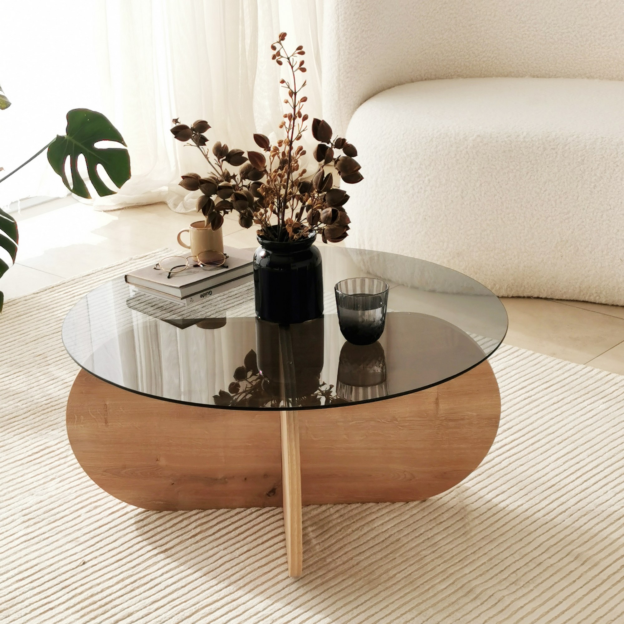 Bubble Coffee table Safety glass Tinted Oak brown Ø75cm