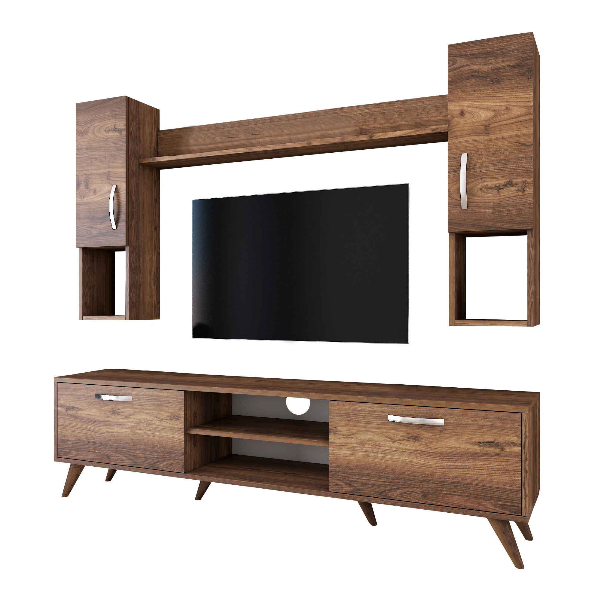 Lowboard with wall shelf with doors walnut brown
