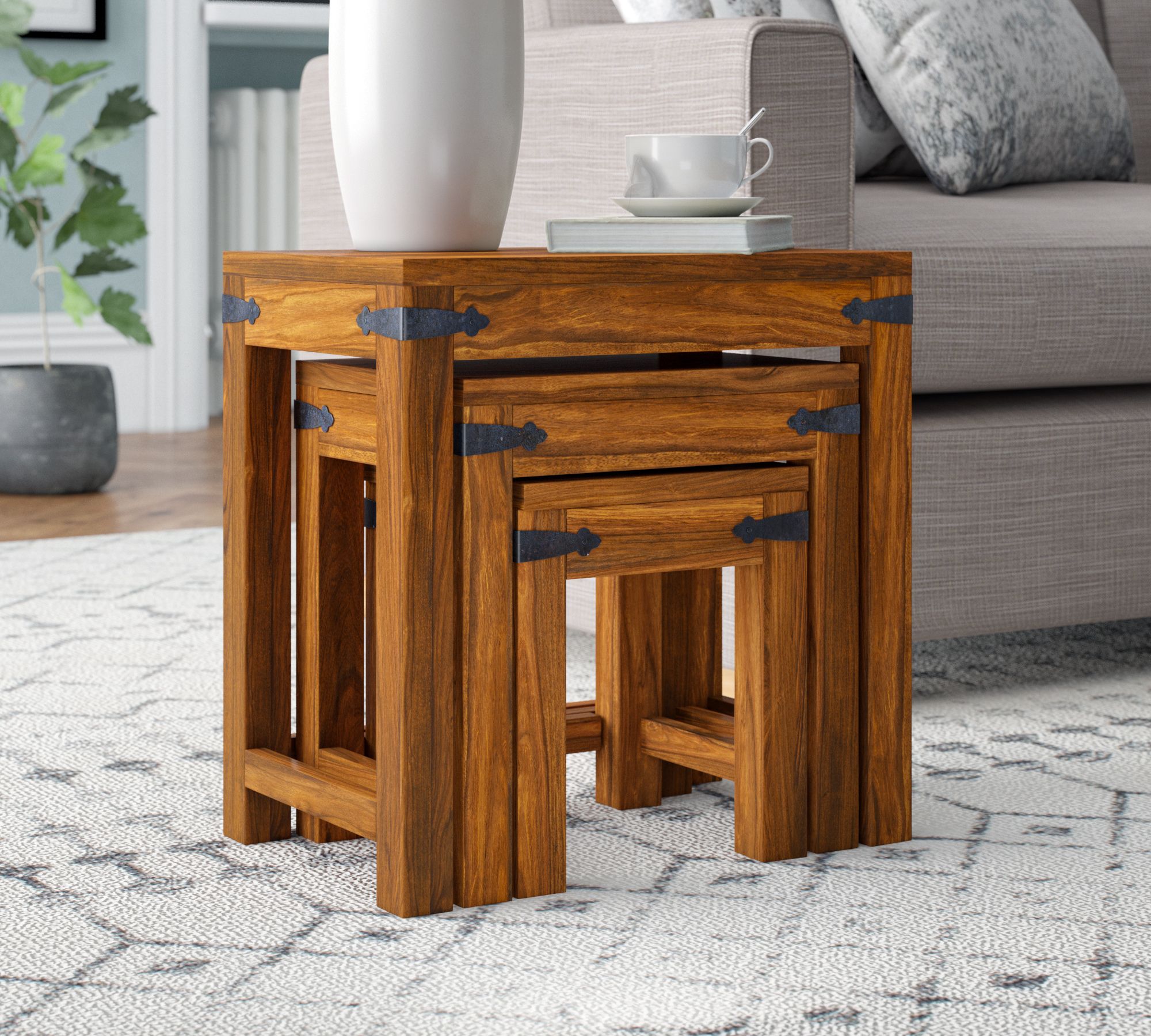 Handgefertigte Nesting Tische 3-Teilig Massivholz