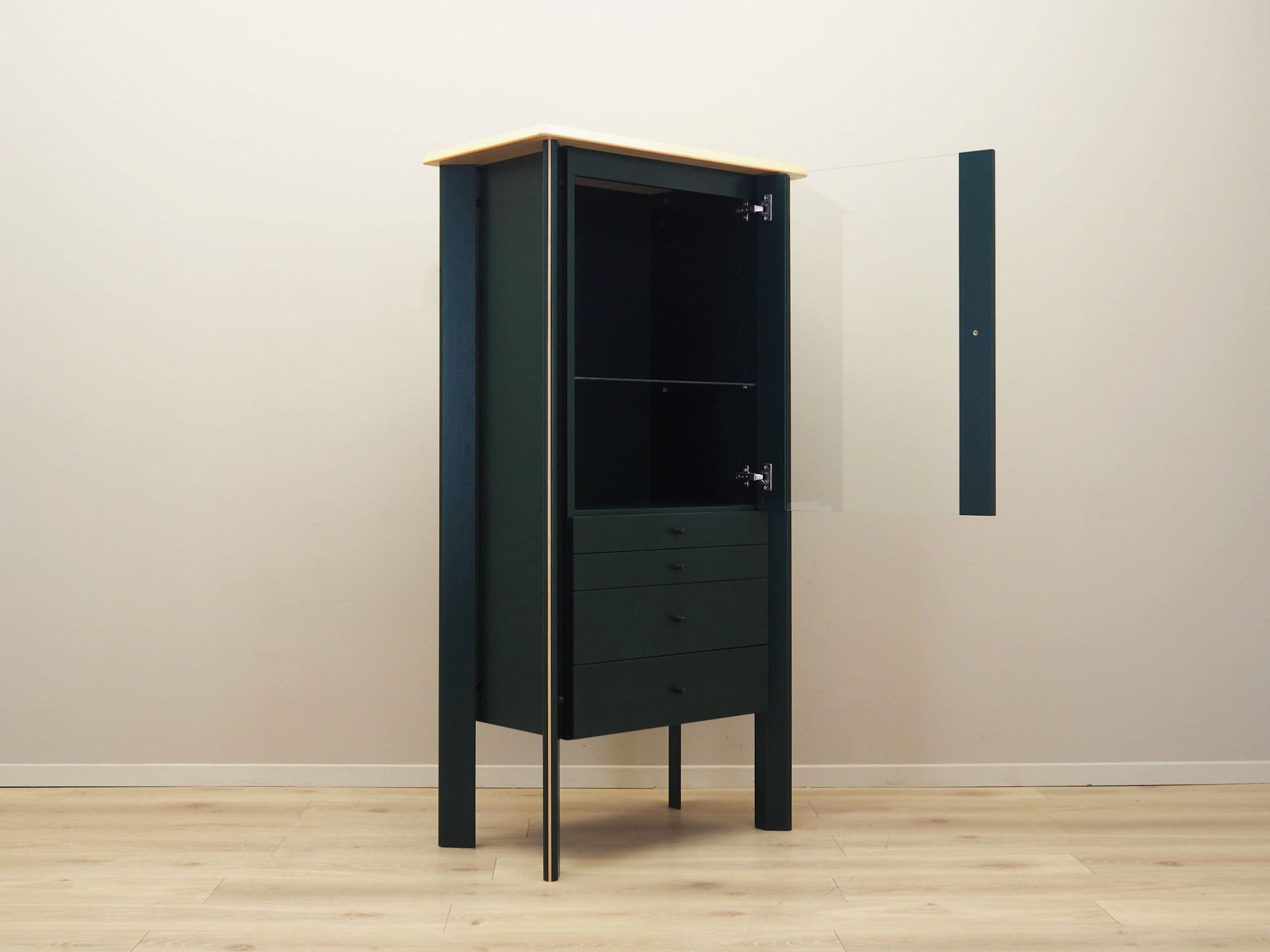 Vintage display cabinet oak wood green 1980s
