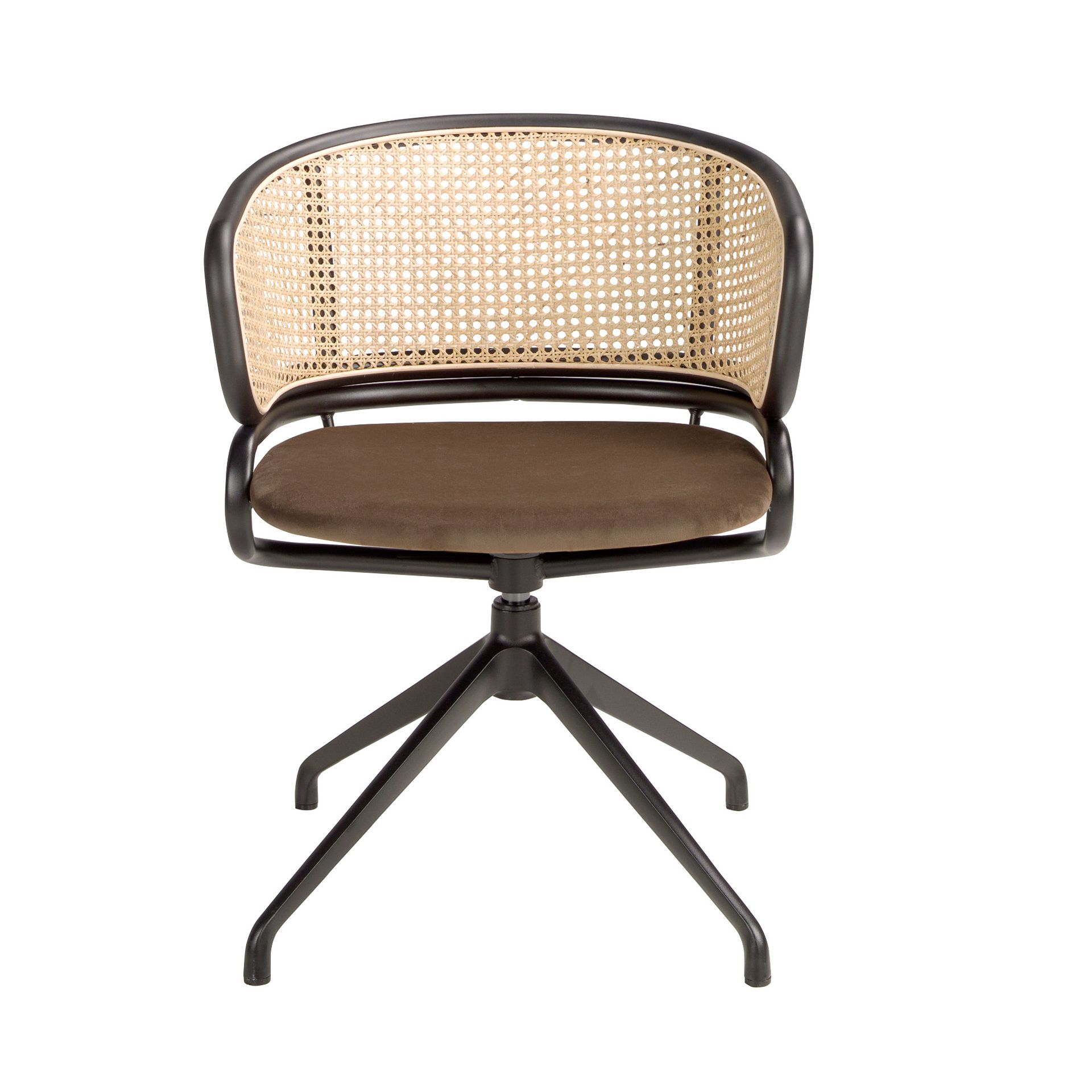 Sedia girevole con braccioli rattan velluto marrone