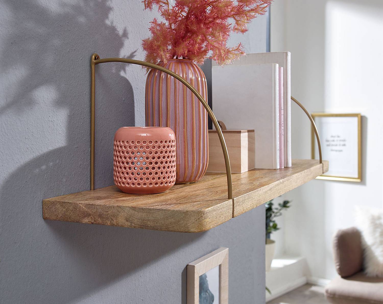 Fusine Wall Shelf Mango Wood Solid Iron Brown Gold