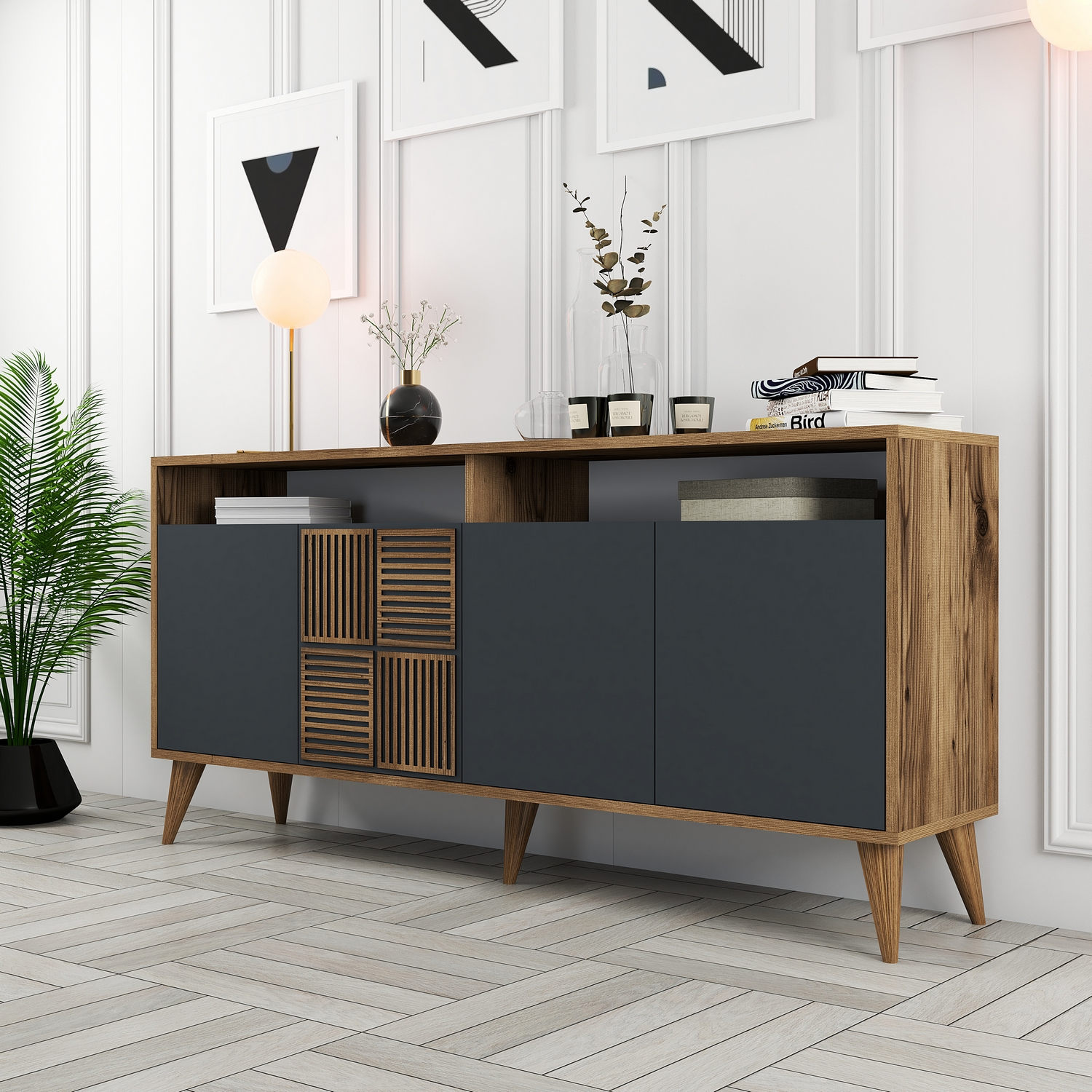 Milan Sideboard Walnussbraun Anthrazit 160cm