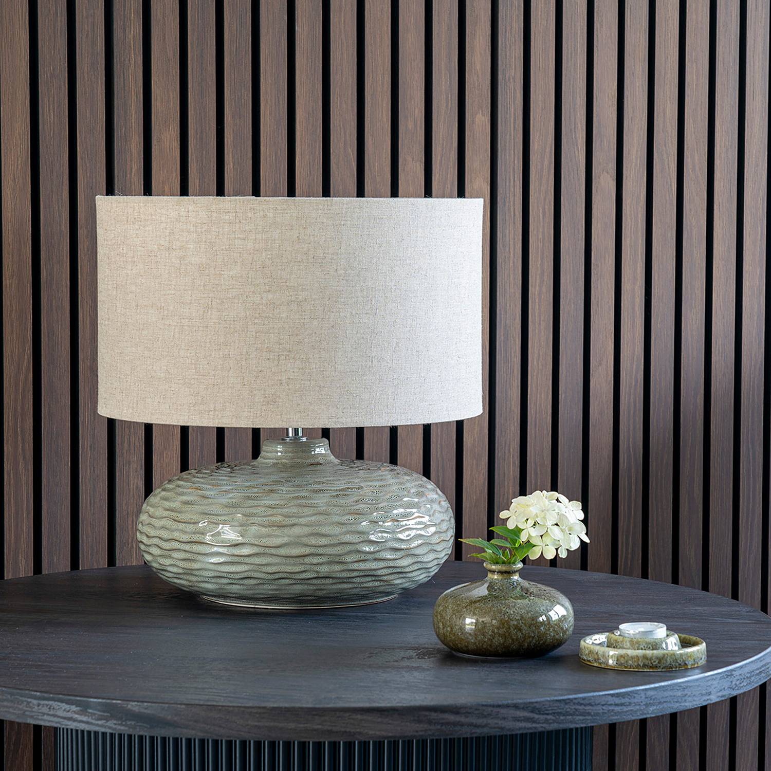 Tischleuchte Oldham Keramik Mischgewebe Beige Grün