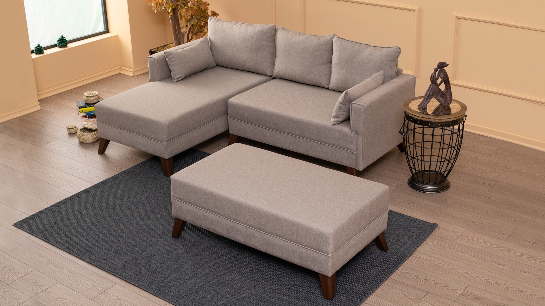 Bella Sofa Récamiere Links mit Hocker Creme