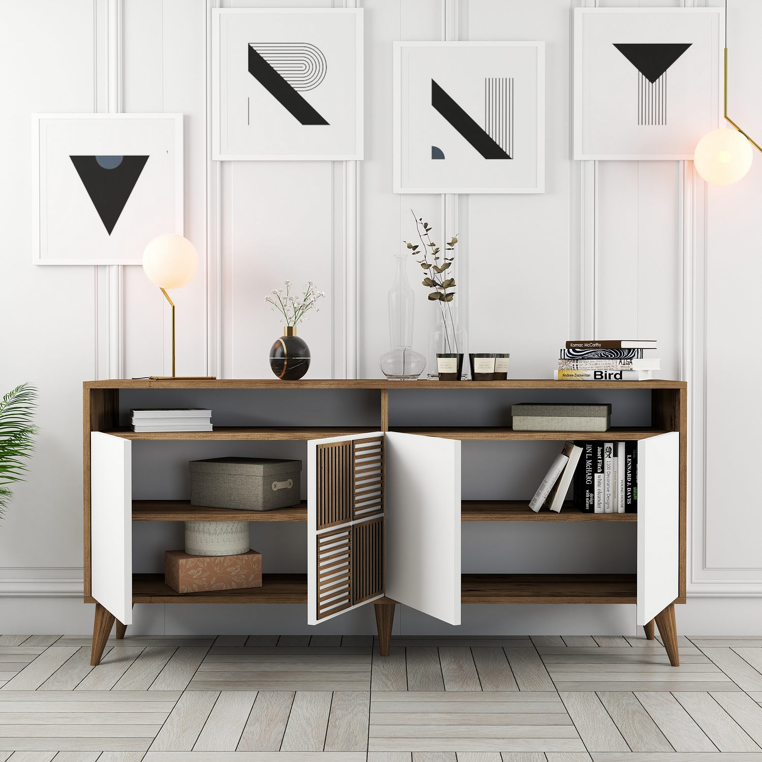 Milan Sideboard Walnussbraun Weiß 160cm