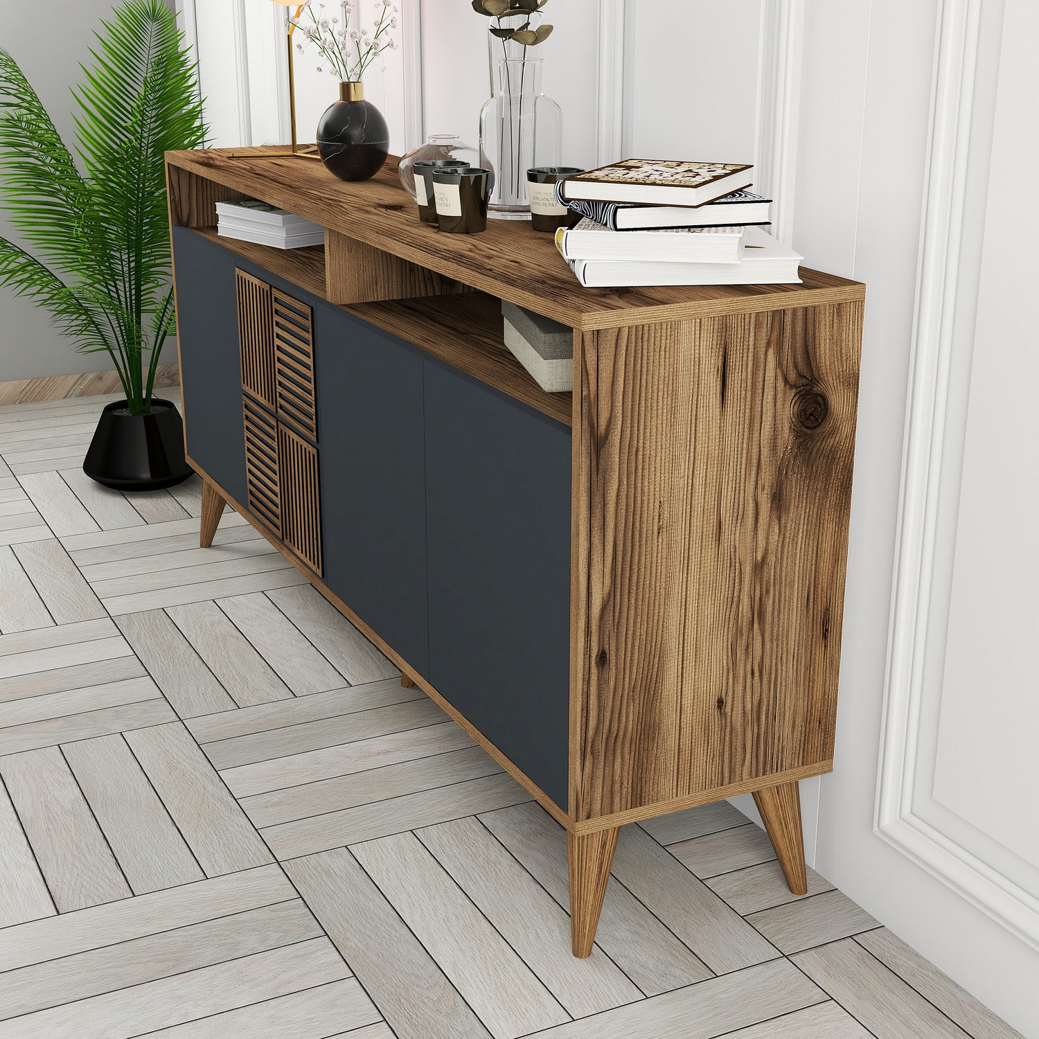 Milan Sideboard Walnussbraun Anthrazit 160cm