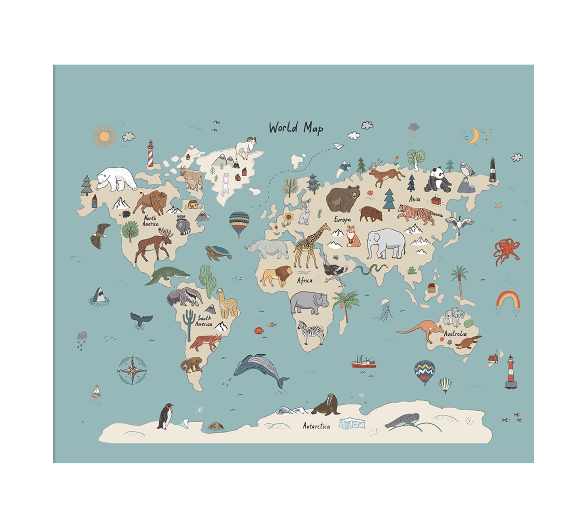 Animals Map Art Print Paper Multicolor