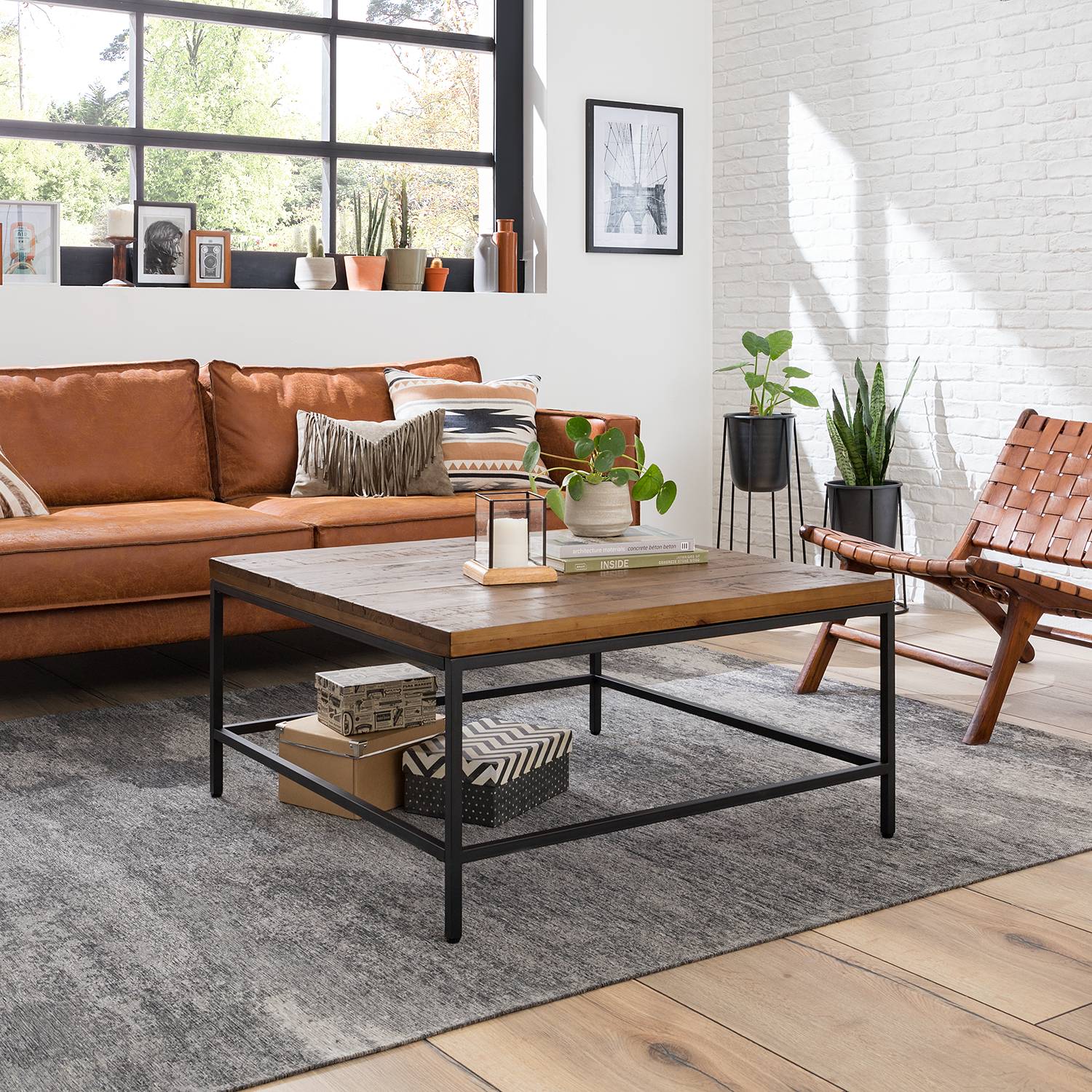 Coffee table GRASBY Solid pine Metal Dark pine Black