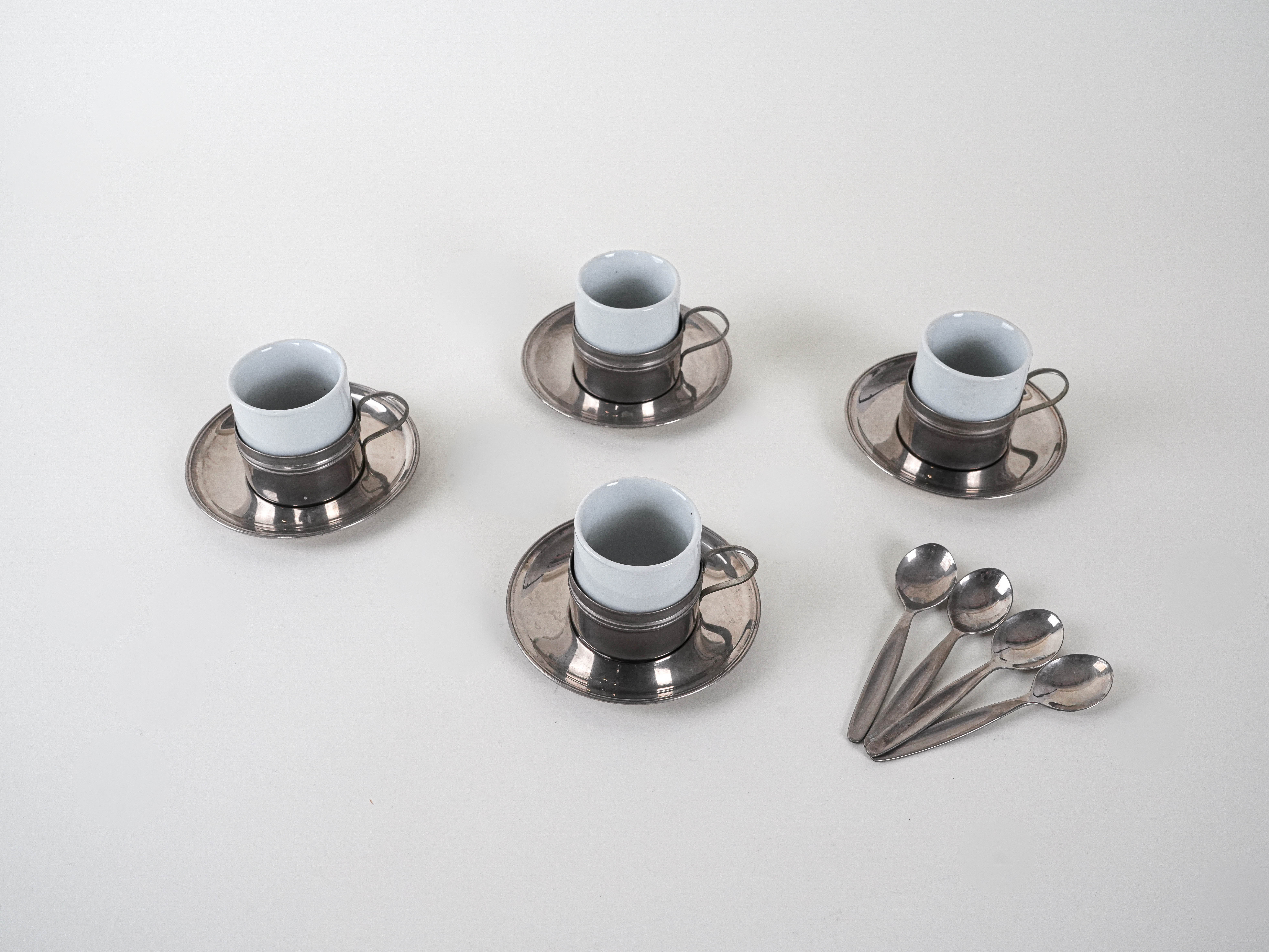 Espressotassen-Set Porzellan Silber Weiß 1980er Jahre