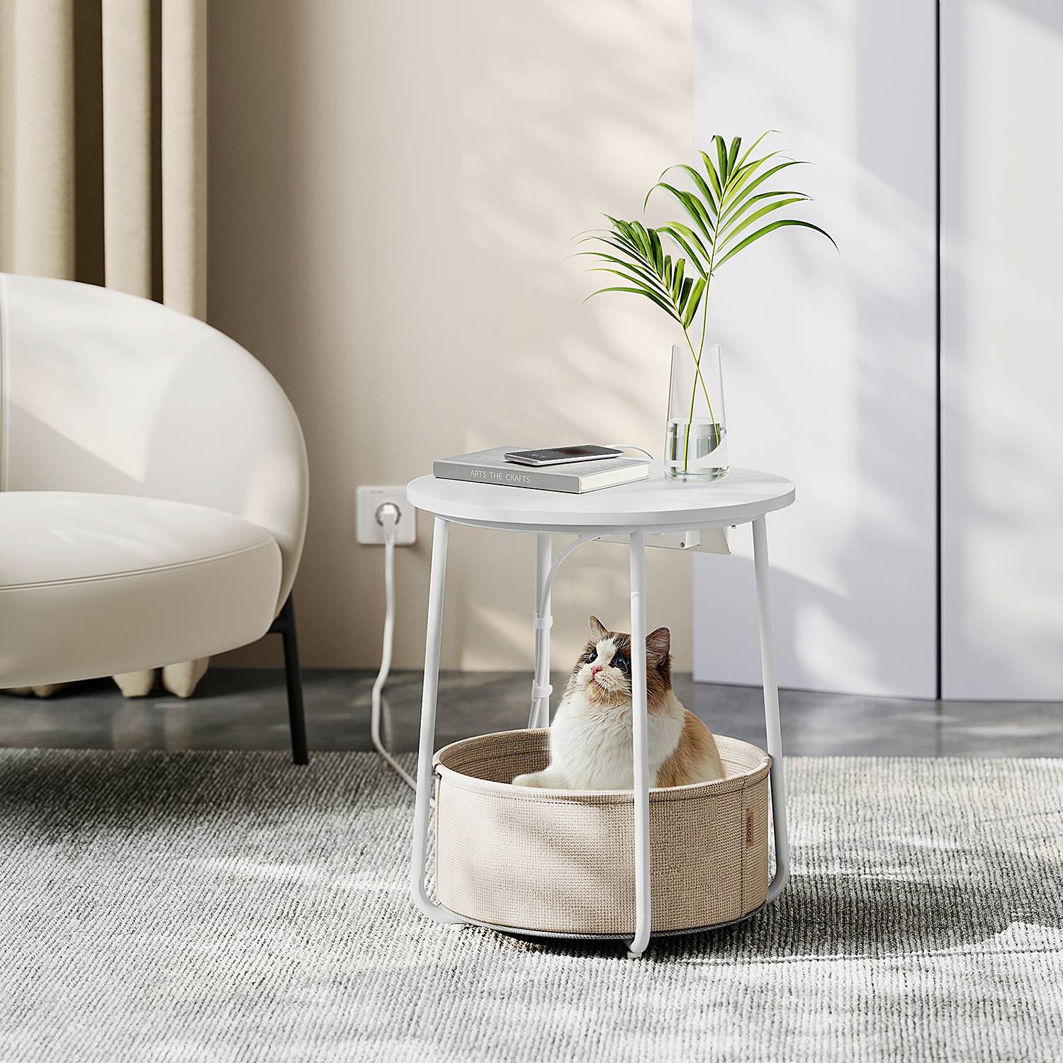Beistelltisch Ponoka mit Steckdose Weiß Beige