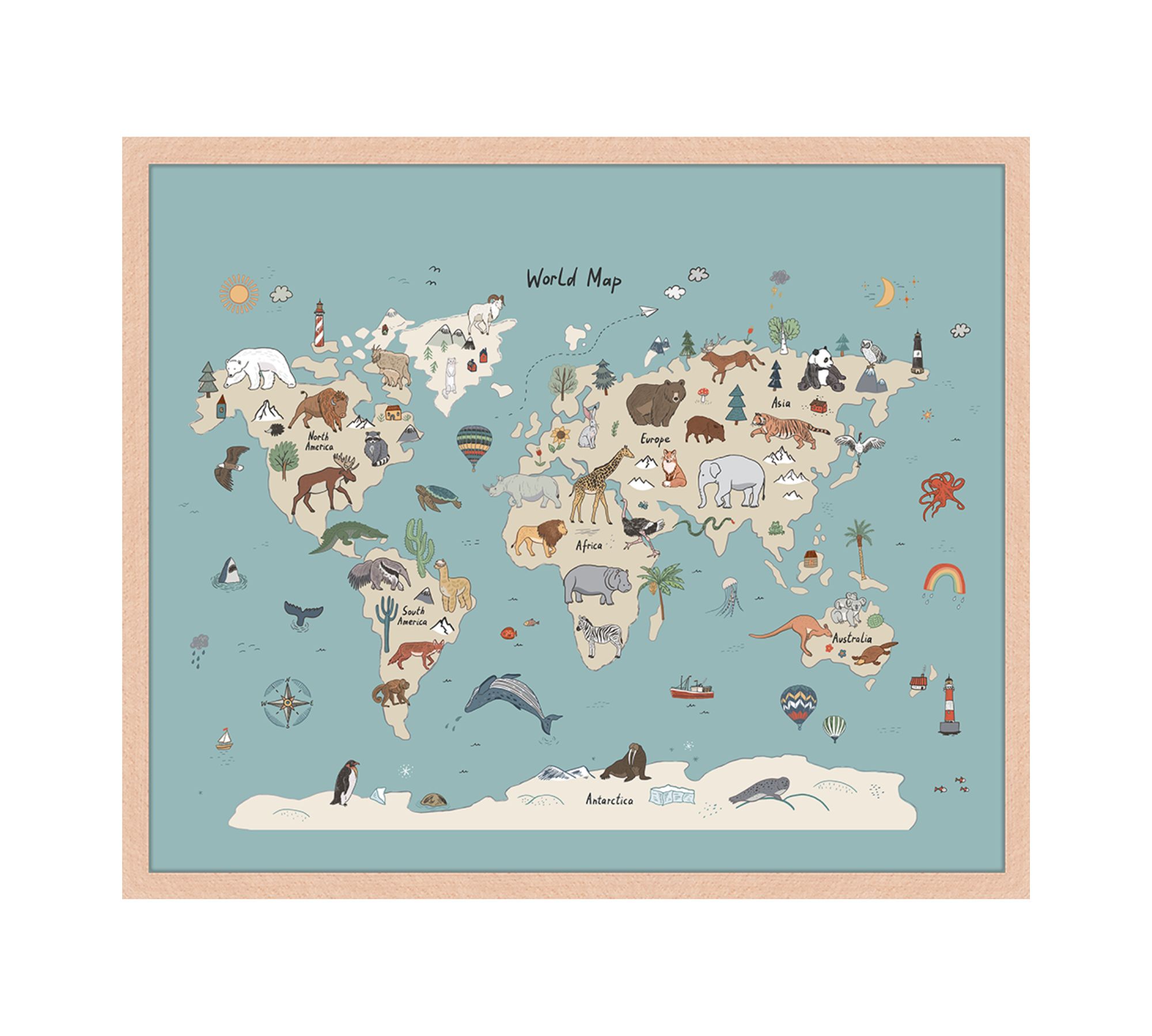 Animals Map Art Print Paper Multicolor